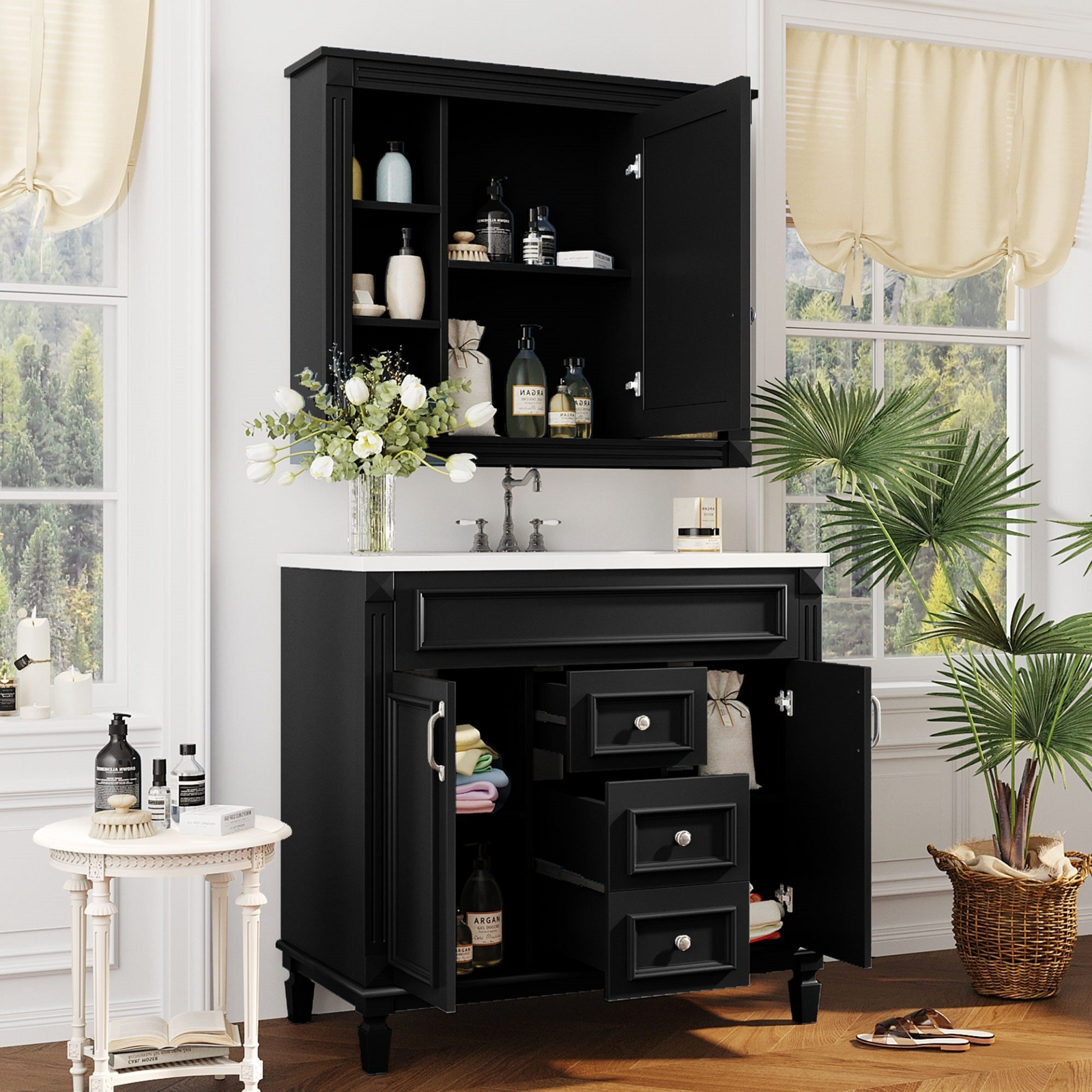 36'' Bathroom Vanity with Top Sink, Black Mirror Cabinet, Modern Bathroom Storage Cabinet with 2 Soft Closing Doors and 2 Drawers, Single Sink Bathroom Vanity