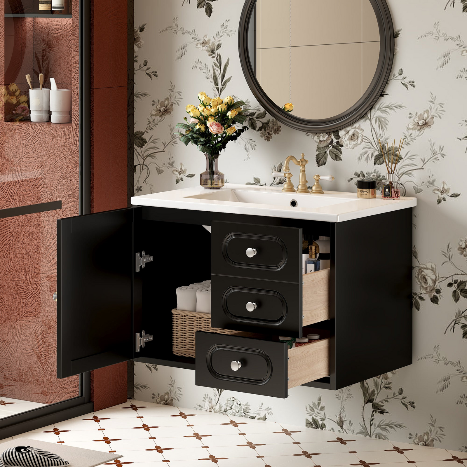 30″ Mid-Century Bathroom Vanity with Ceramic Sink – Freestanding Storage Cabinet with 2 Drawers and Spacious Storage