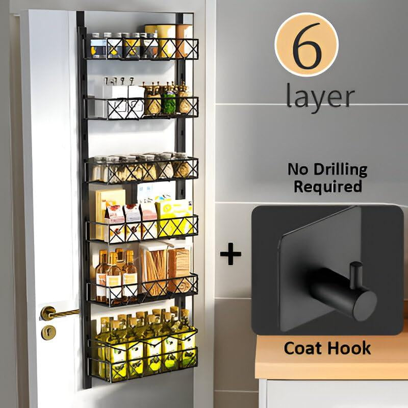 6-Tier Over-the-Door Pantry Organizer with Cloth Hook – Metal Kitchen Spice Rack and Can Storage, Maximize Pantry Door Space for Neat and Efficient Organization, Black