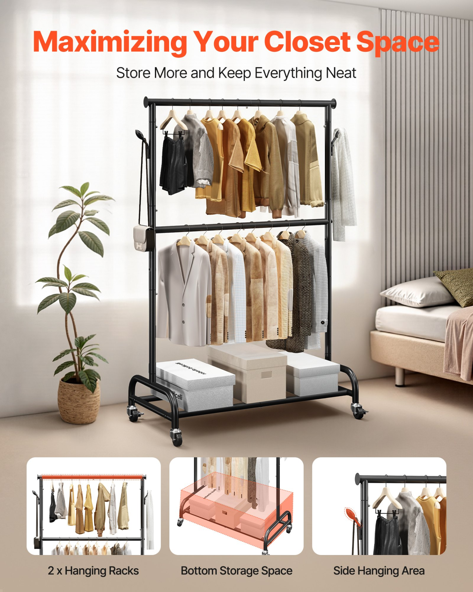 VEVOR Clothes Rack, Rolling Clothing Garment Rack with Adjustable Crossbar and Side Hooks, 150 lbs Load Capacity, Heavy Duty Carbon Steel Clothing Racks with Wheels for Bedroom, Laundry, Living Room