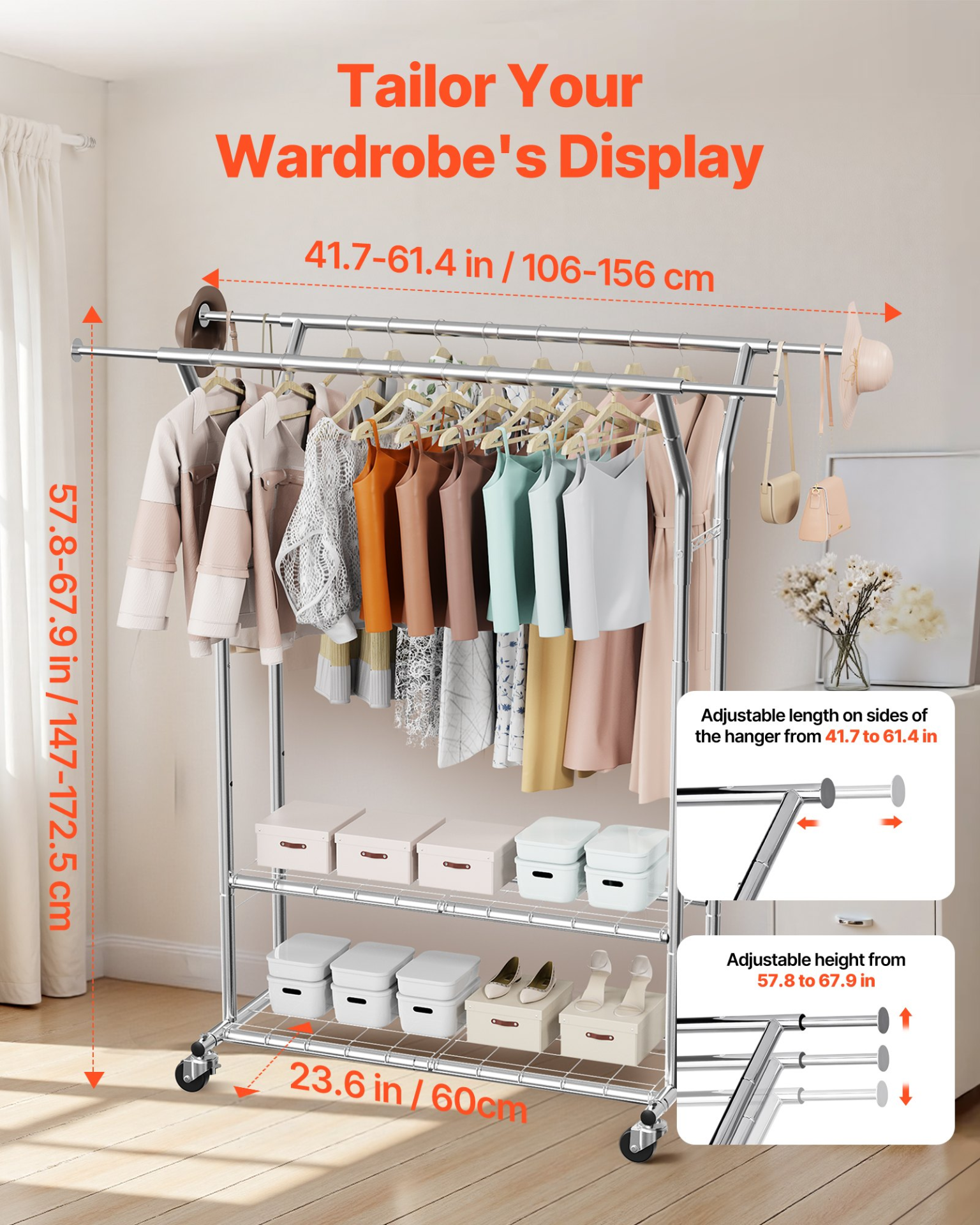 VEVOR Clothes Rack, Rolling Clothing Garment Rack with 2 Hanging Rods and 2 Storage Shelves, 264 lbs Load Capacity, Adjustable Height Carbon Steel Clothing Racks for Bedroom, Laundry, Living Room