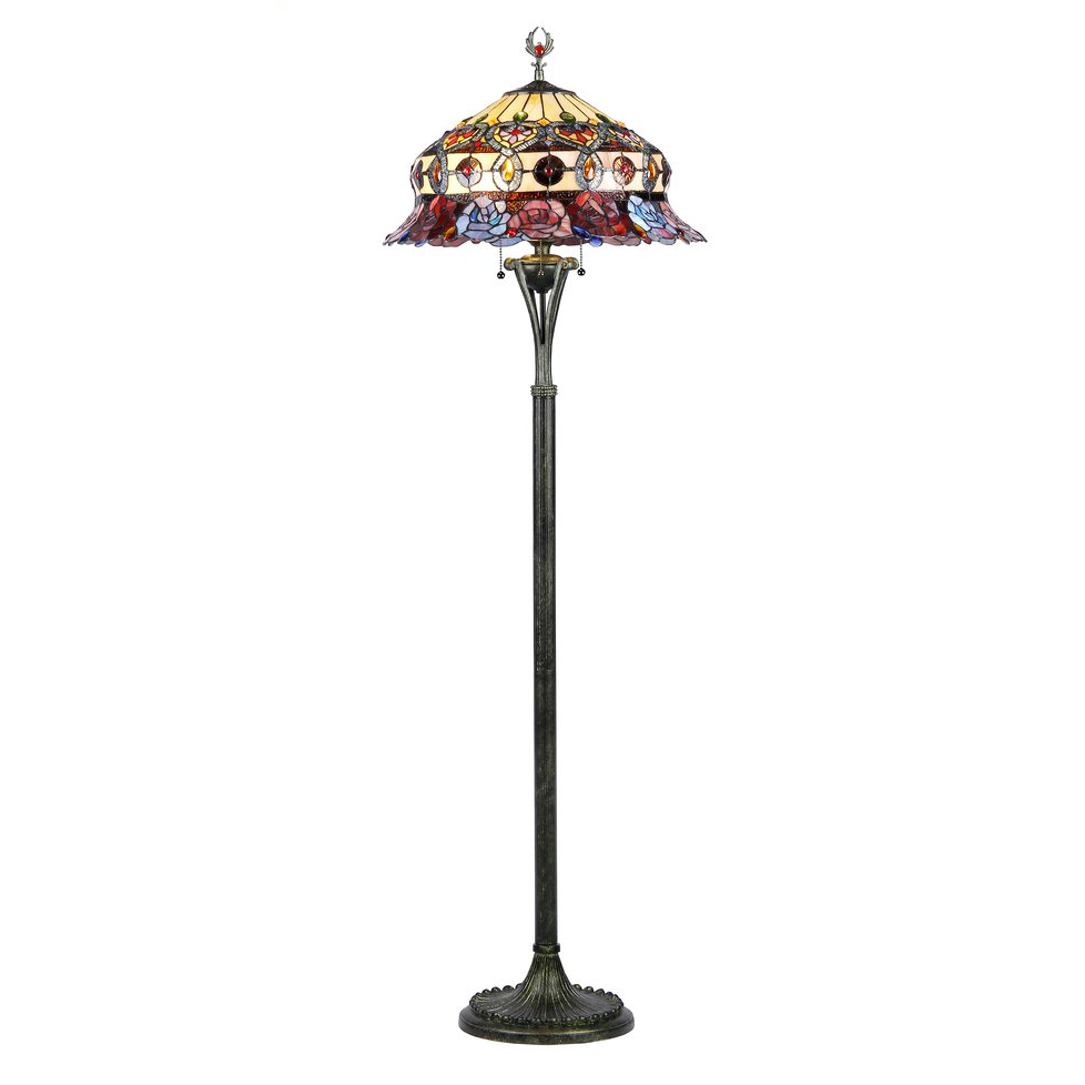 3-Light Tiffany-Style Roses Scalloped Floor Lamp – Handcrafted Stained Glass 20" Shade