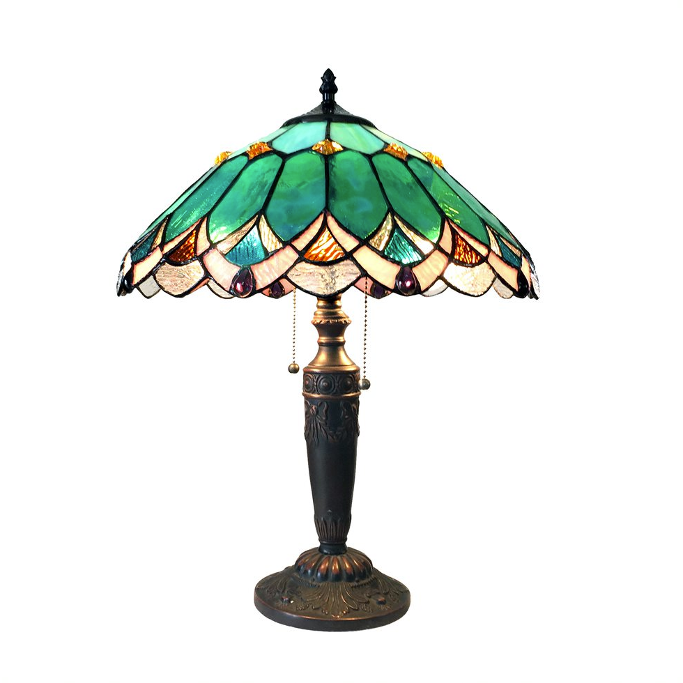 DEMETER Tiffany-Style 2-Light Table Lamp with 16" Jade-Green Stained Glass Shade – Decorative Accent Lighting