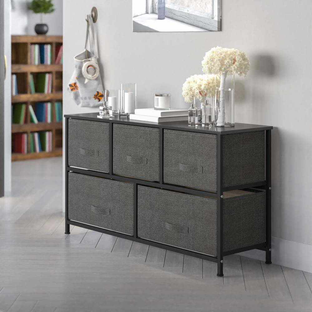 5-Drawer Vertical Storage Dresser with Engineered Wood Top, Black Metal Frame & Dark Gray Fabric Drawers