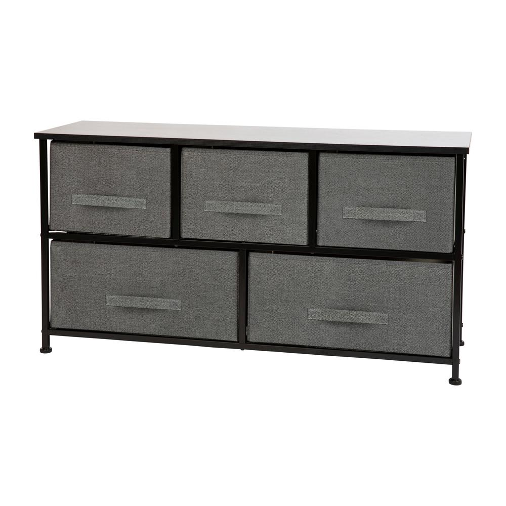 5-Drawer Vertical Storage Dresser with Engineered Wood Top, Black Metal Frame & Dark Gray Fabric Drawers