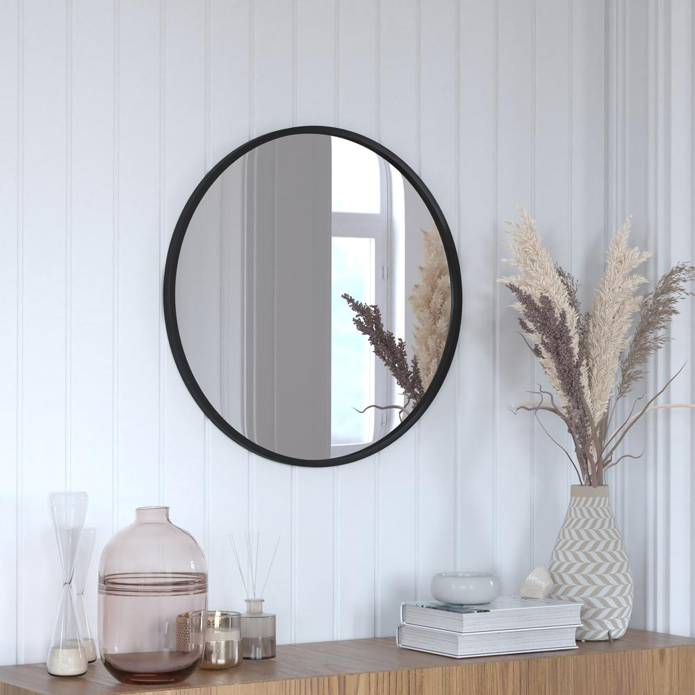 24" Round Black Metal Framed Wall Mirror