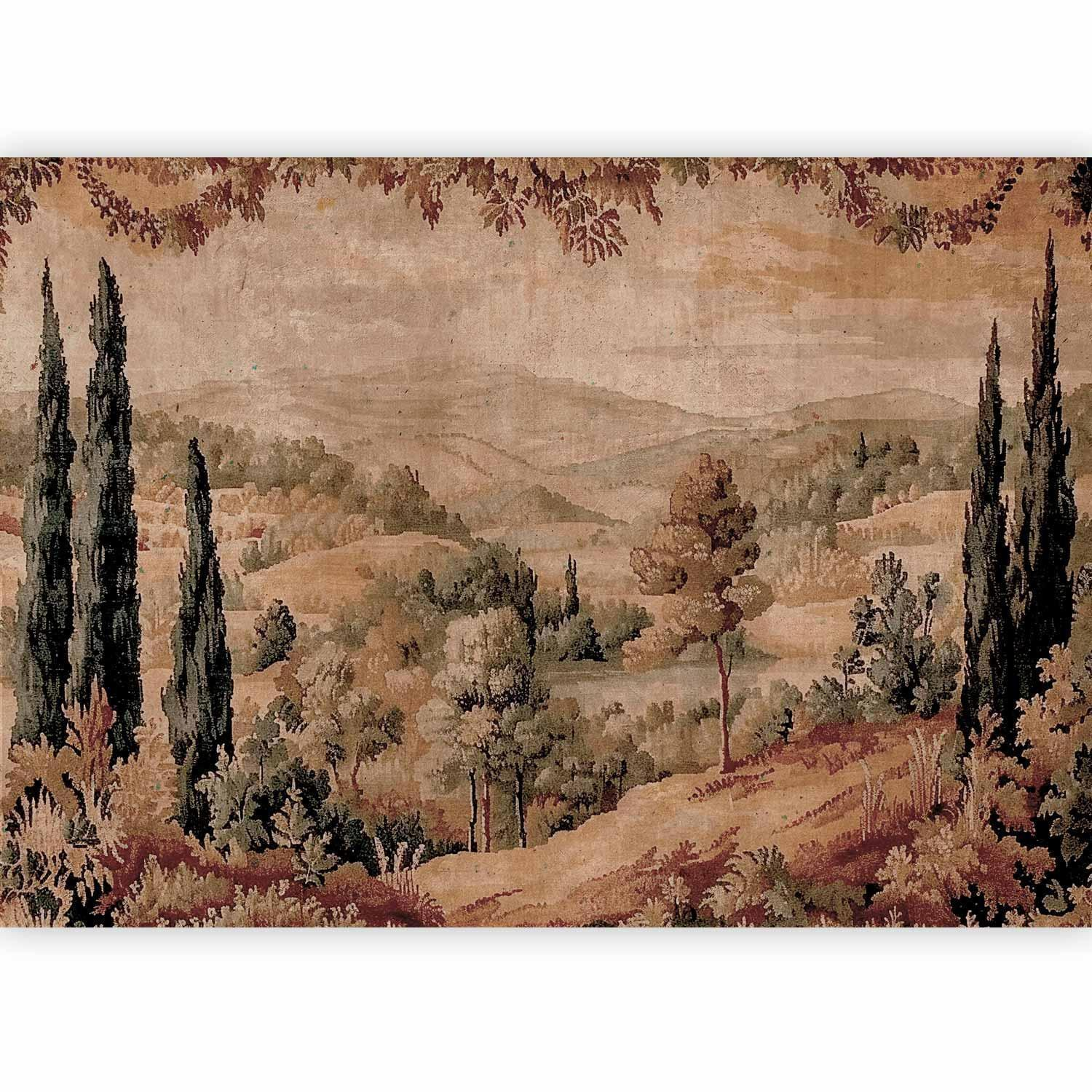 Mediterranean Landscape Wall Mural Wallpaper – Tapestry Hill and Lake Scene with 3D Spatial Depth