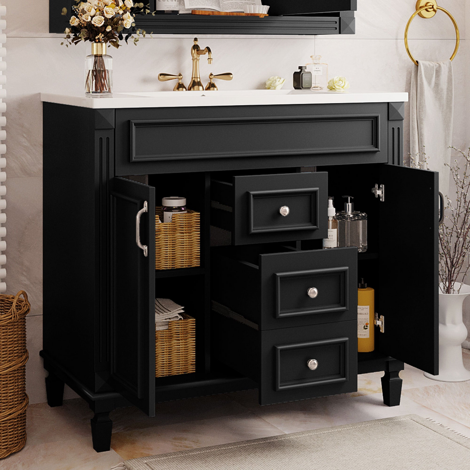 36″ Modern Bathroom Vanity with Integrated Sink – Storage Cabinet with 2 Soft-Closing Doors & 2 Drawers, Single Sink Design