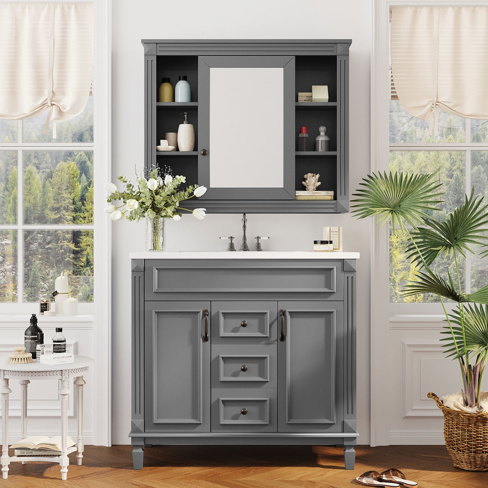 36″ Modern Bathroom Vanity with Integrated Sink & Mirror Cabinet – Storage Cabinet with 2 Soft-Closing Doors and 2 Drawers, Single Sink Design