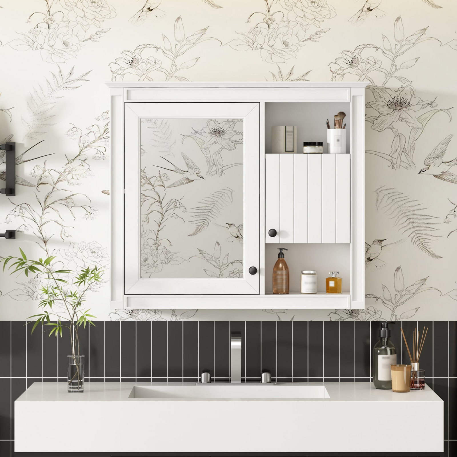 32'' Bathroom Wall Cabinet with Mirror, Wall Mounted Medicine Cabinet with 3 Shelves, Mirrored Door Over Toilet Storage Cabinet, White