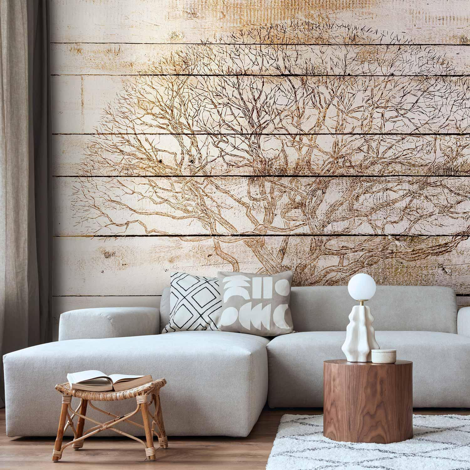 Tree on Wood Planks Wall Mural Wallpaper – Nature Meets Texture with 3D Effect Illusion