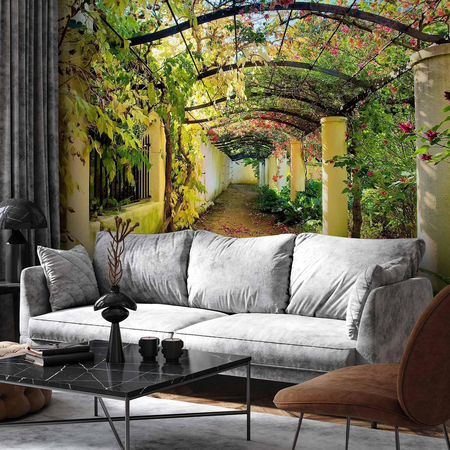 Wall Mural Wallpaper – Nature-Covered Passage with Light-Filled 3D Depth Perspective