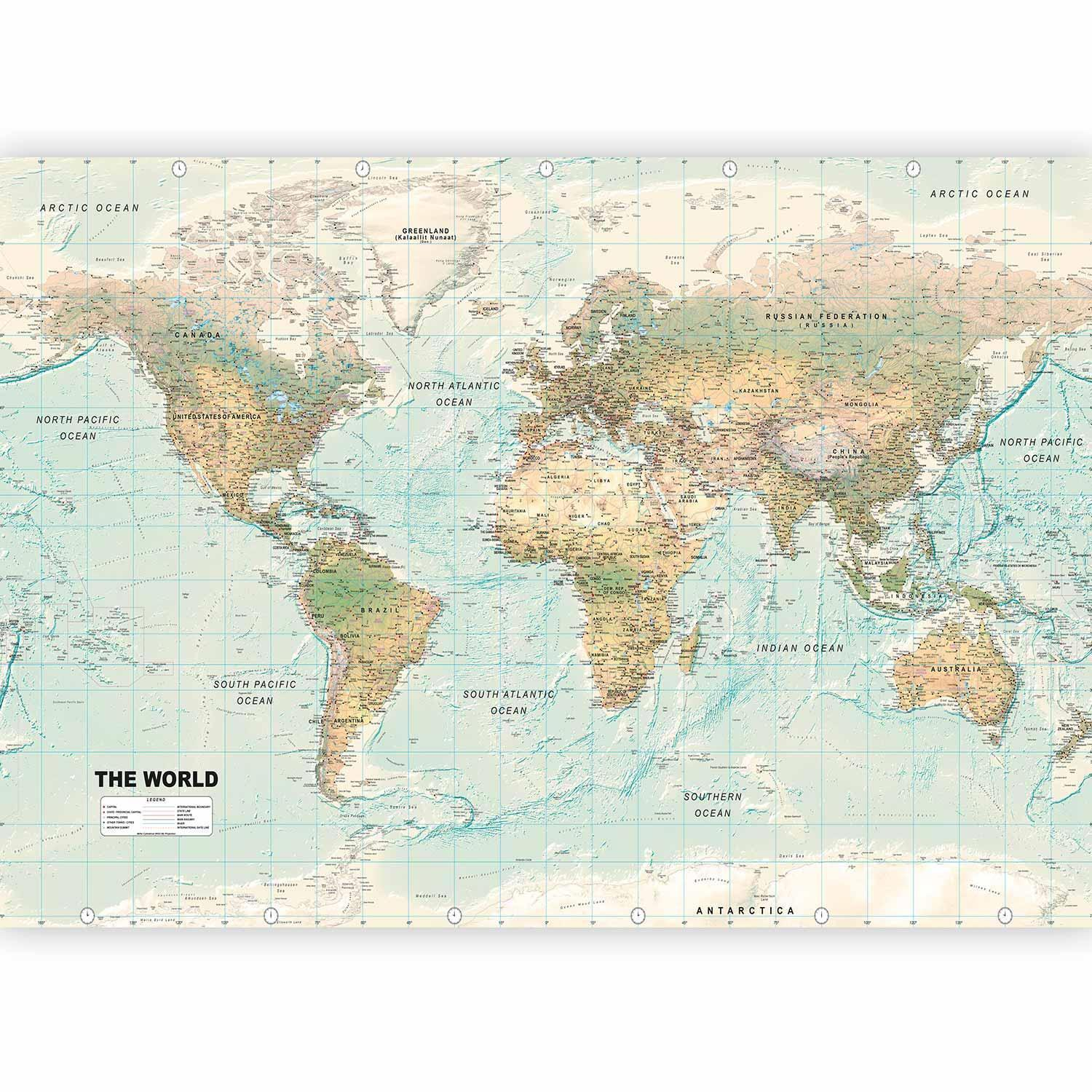 Labelled World Map Wall Mural Wallpaper – Detailed Map Design with 3D Visual Depth