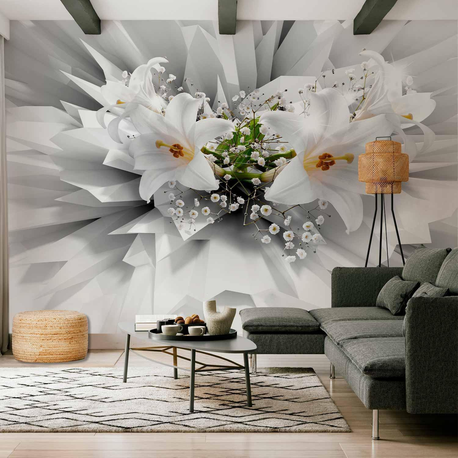 Floral Explosion Wall Mural Wallpaper – White Petal Composition with 3D Dimensional Depth