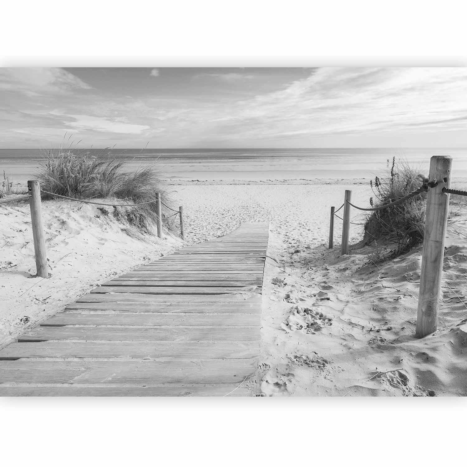 Black & White Beach Wall Mural Wallpaper – Coastal Scene with 3D Effect Illusion