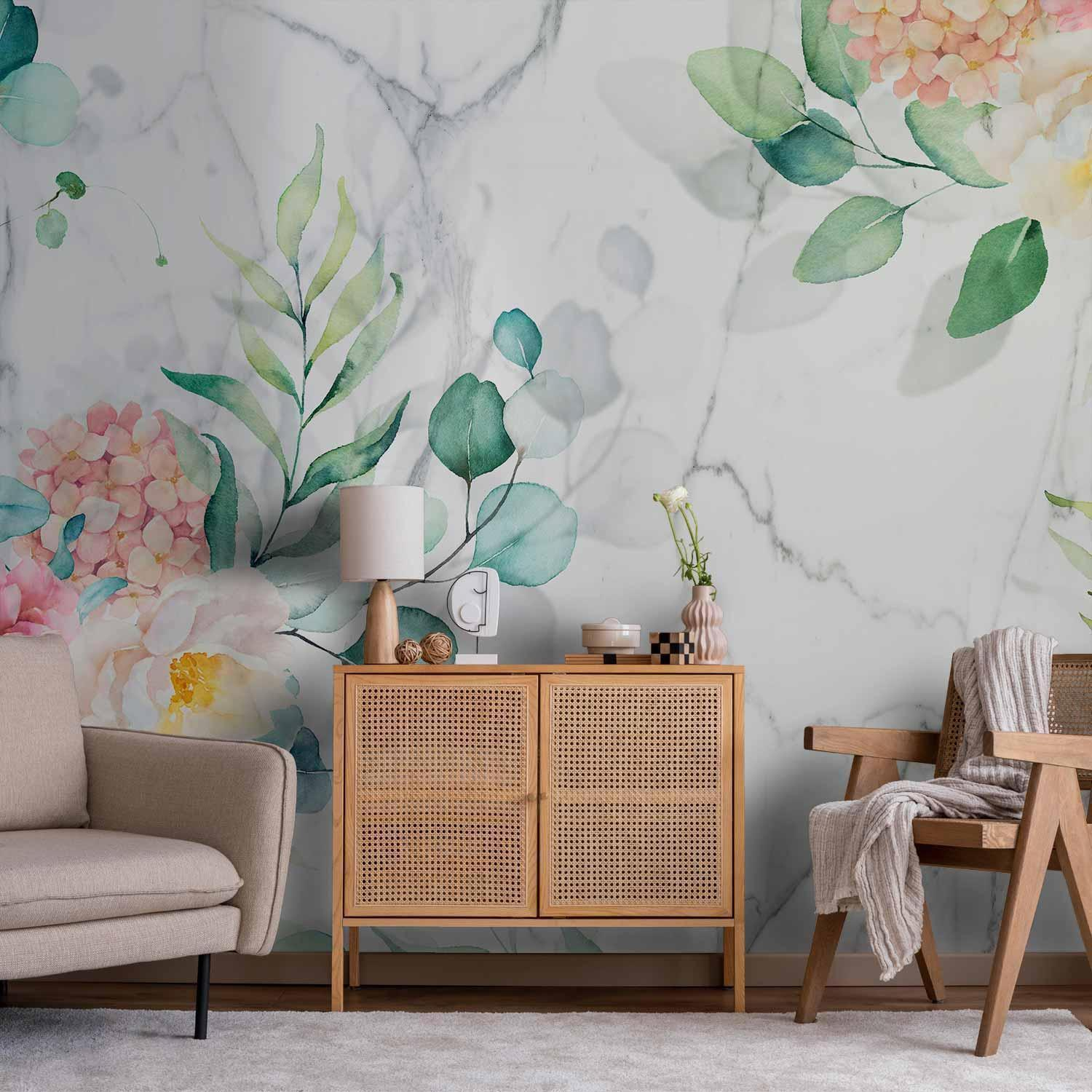 Flowery Marble Wall Mural Wallpaper – Botanical Marble Design with 3D Effect Illusion