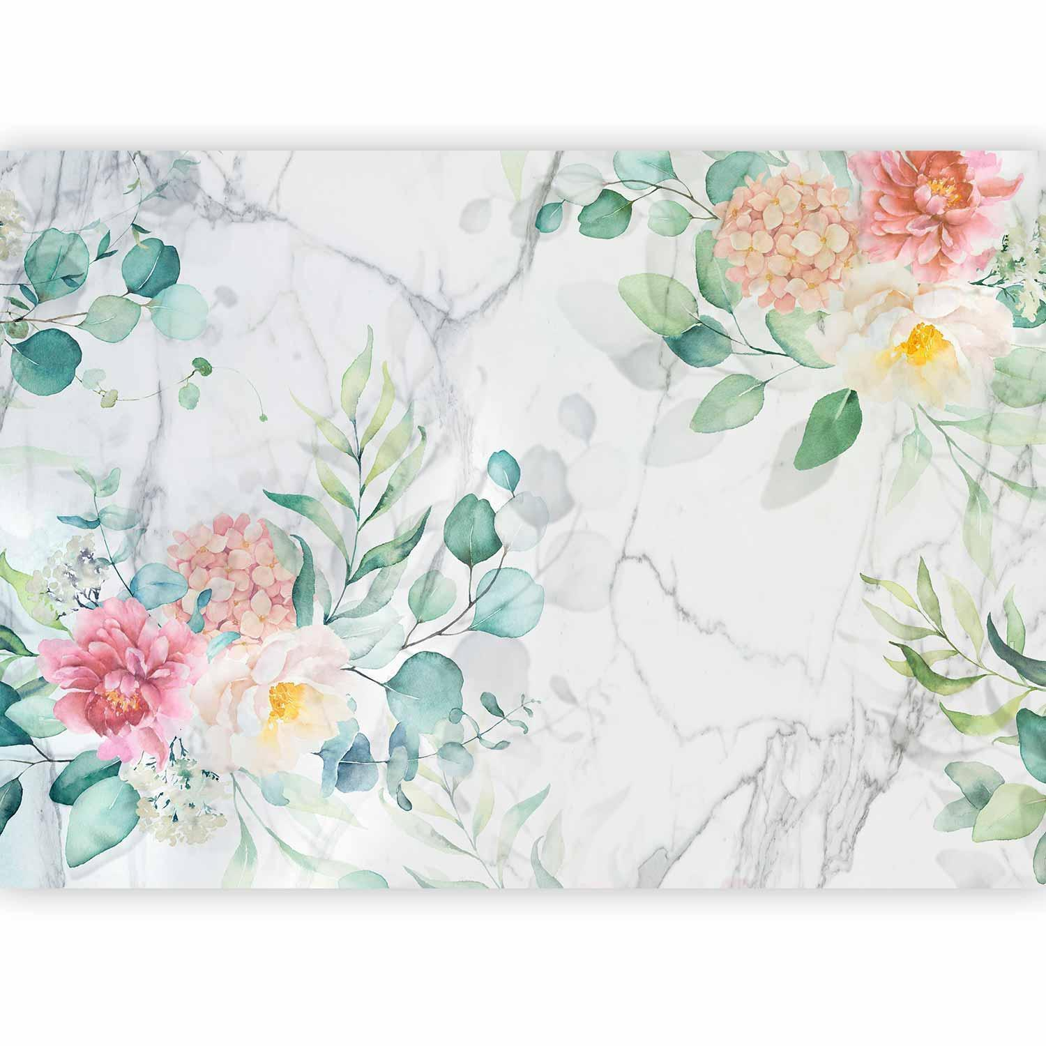 Flowery Marble Wall Mural Wallpaper – Botanical Marble Design with 3D Effect Illusion