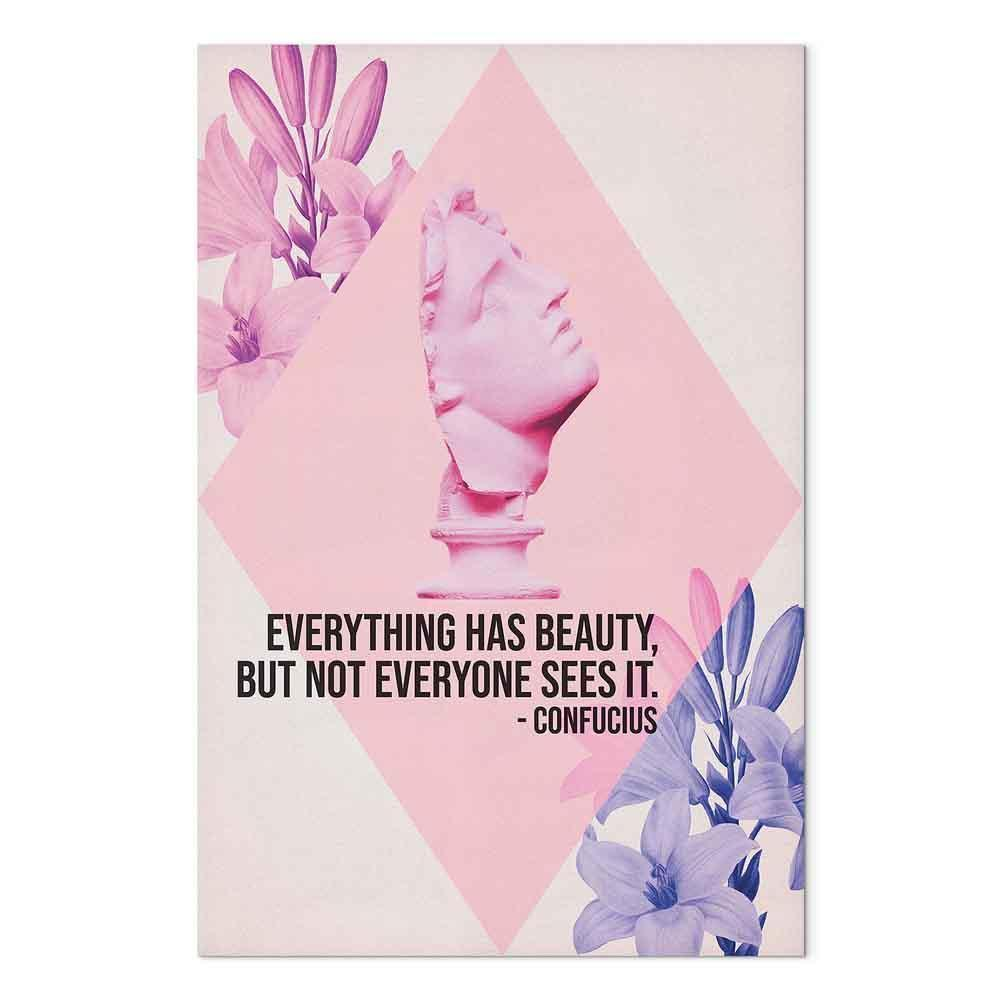 Quadro - Beauty in the Eyes - Inspirational Quote with Pink Bust and Flowers