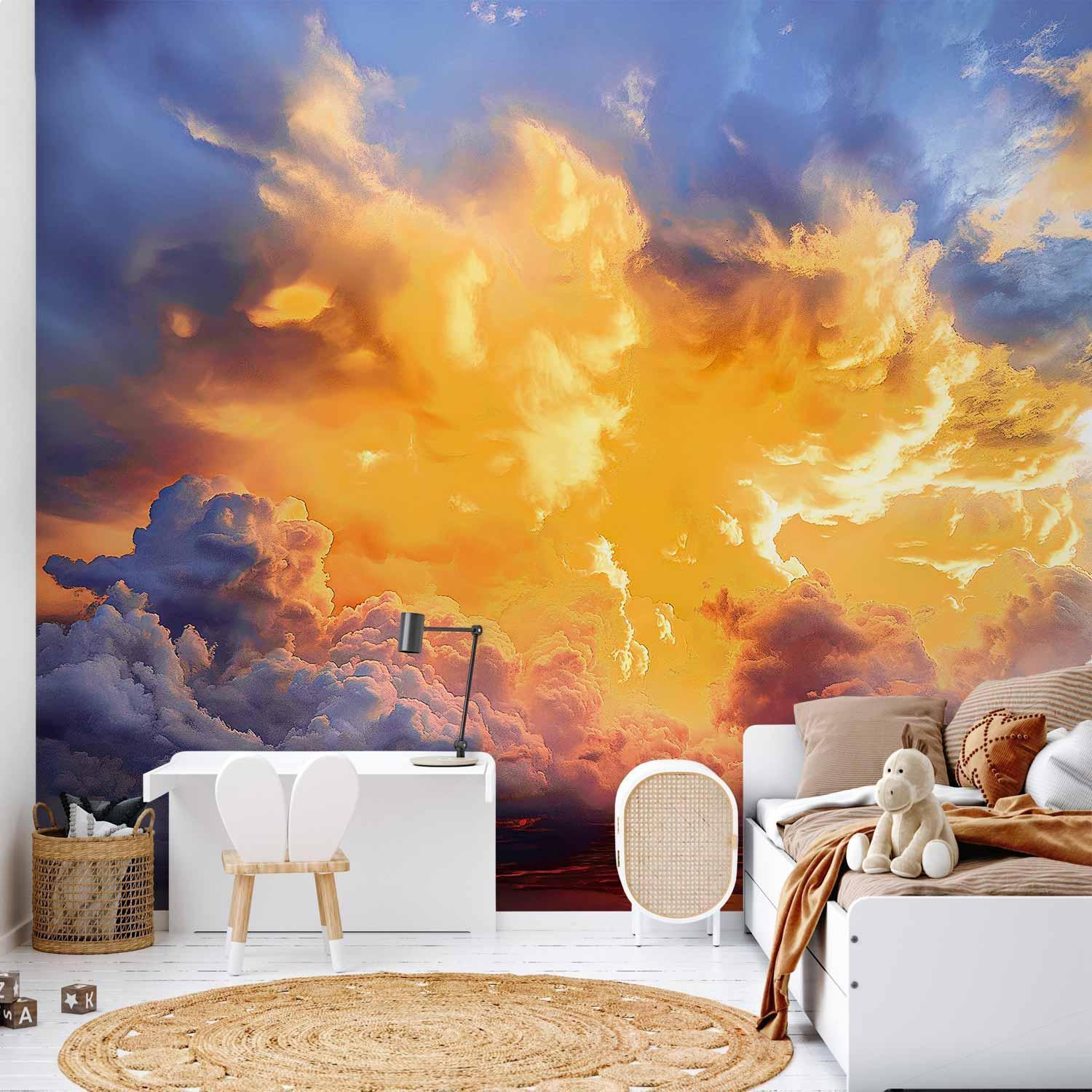 Sunset Cloud Wall Mural Wallpaper – Warm-Toned Sky with 3D Effect Illusion
