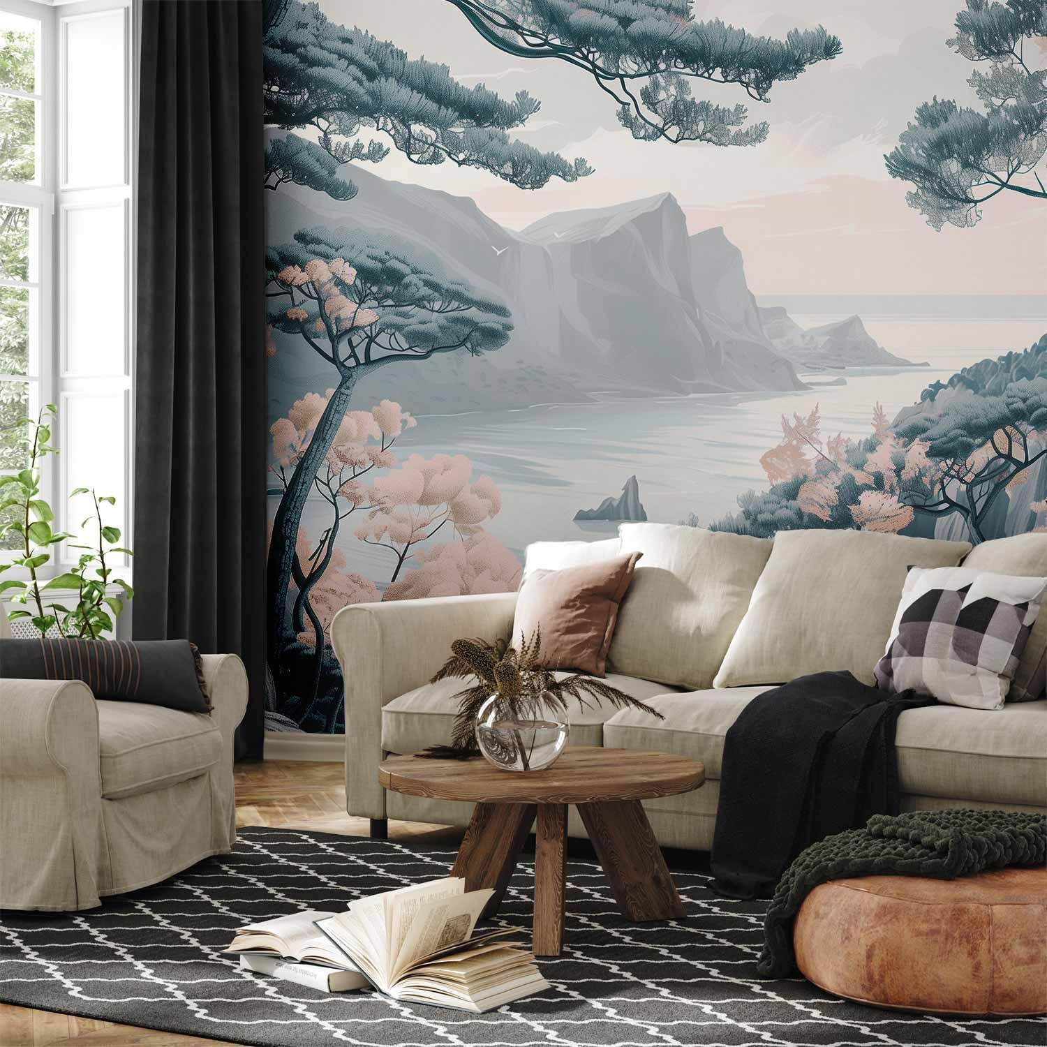 Coastal Landscape Wall Mural Wallpaper – Mountainous Coast in Soft Pastel Blues with 3D Effect Illusion