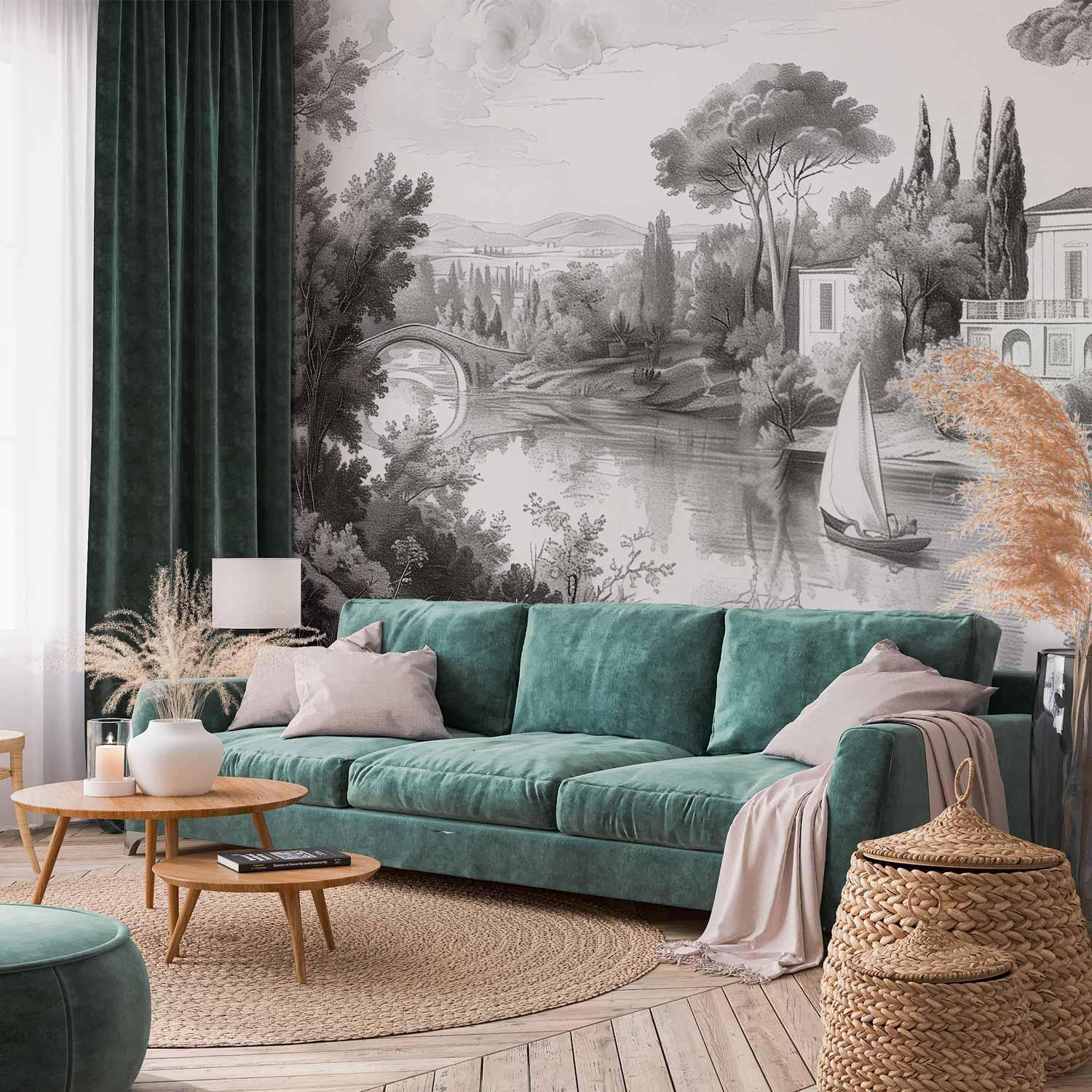 Black and White Vintage Landscape Wall Mural Wallpaper – Retro Pond Scene with Boat, 3D Effect Print