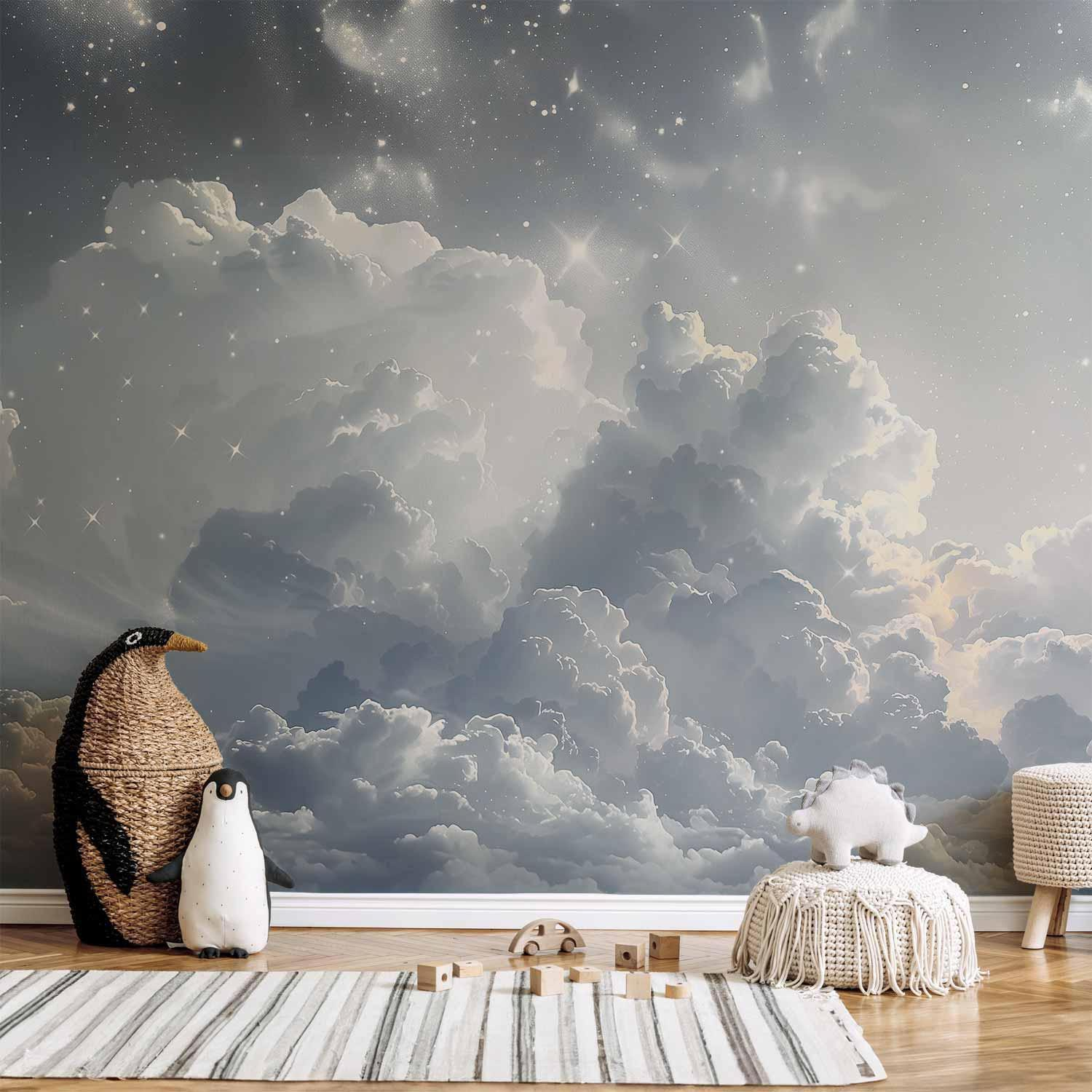 Astral Calm Wall Mural Wallpaper – Soft Cloudscape with Scattered Stars and 3D Effect Illusion