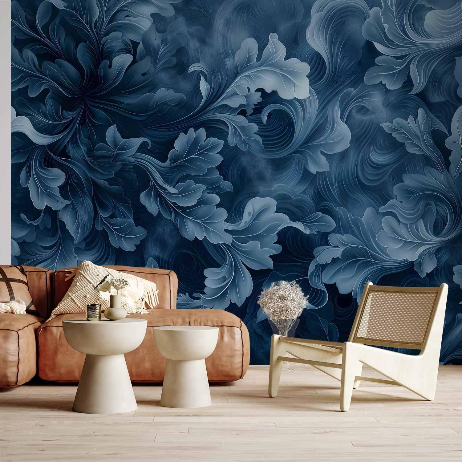 Victorian Leaf Pattern Wall Mural Wallpaper – Dark Blue Abstract Ornaments with 3D Effect Illusion