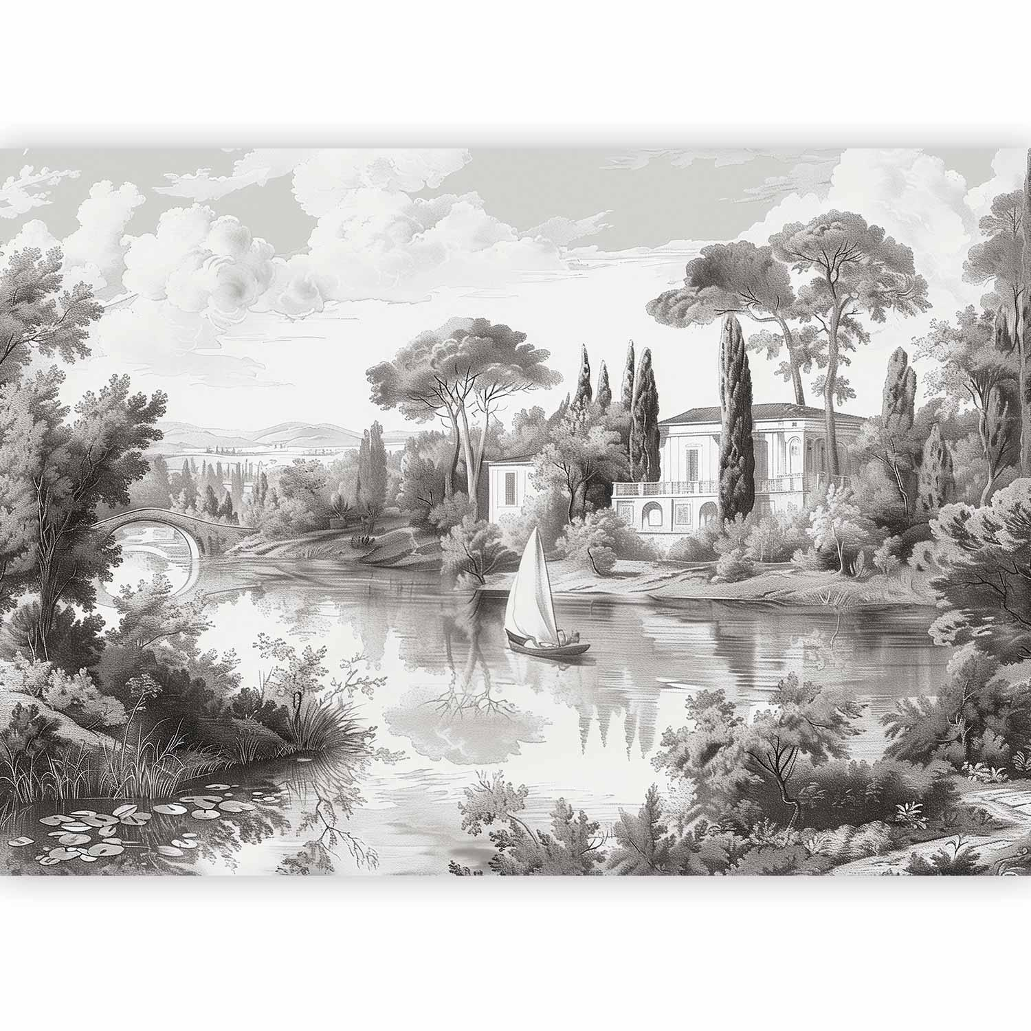 Black and White Vintage Landscape Wall Mural Wallpaper – Retro Pond Scene with Boat, 3D Effect Print