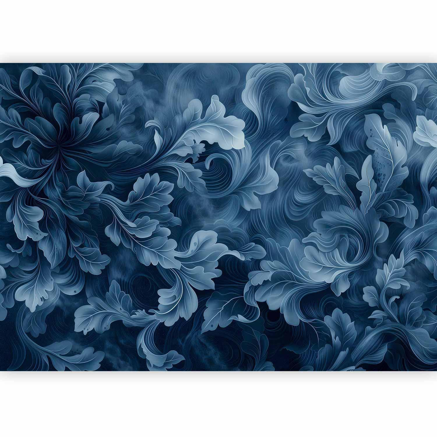 Victorian Leaf Pattern Wall Mural Wallpaper – Dark Blue Abstract Ornaments with 3D Effect Illusion