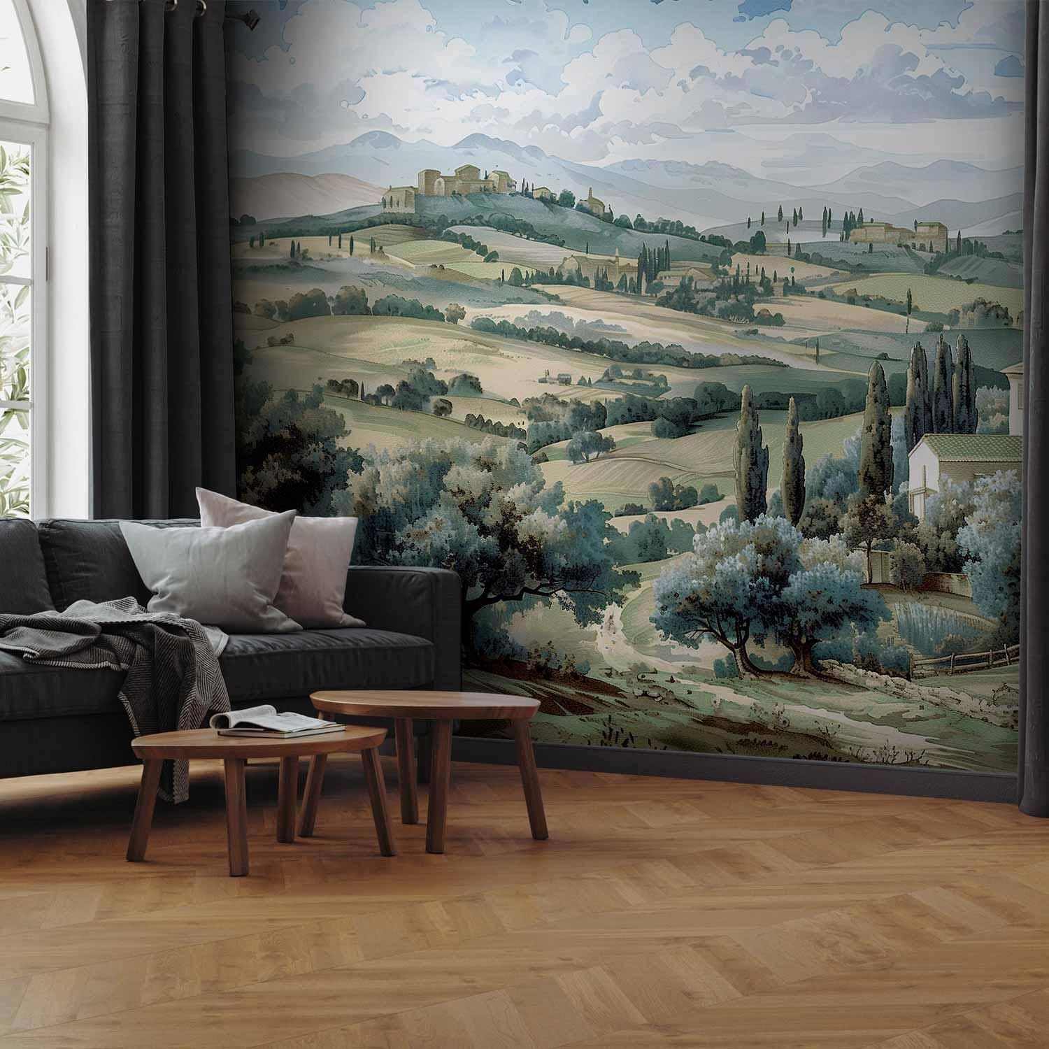 Tuscan Countryside Wall Mural Wallpaper – Sunlit Green Fields & Trees with 3D Effect Illusion