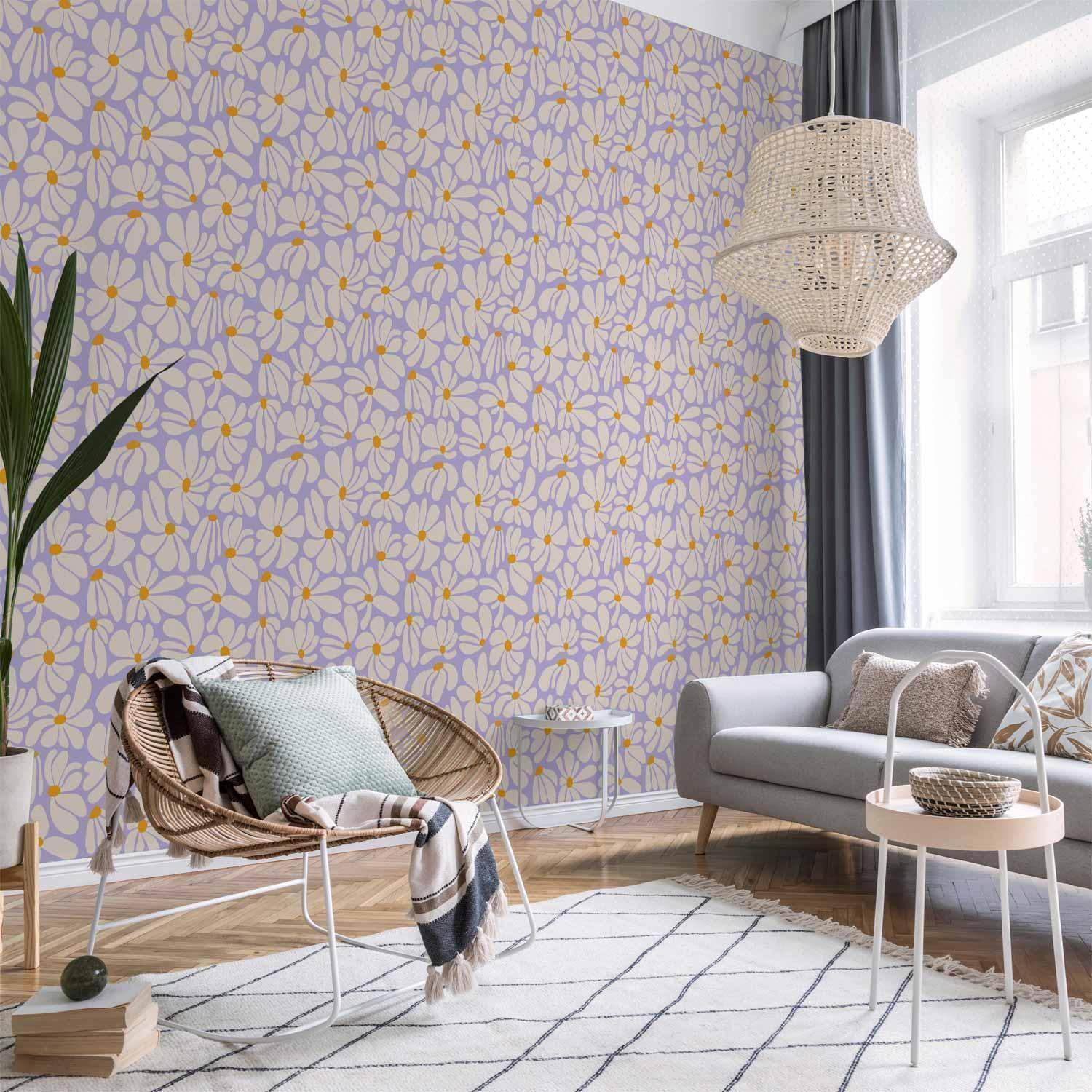 Tappezzeria murale - Cute Creamy Little Flowers - Small flowers with creamy - wind-blown petals on a blue background