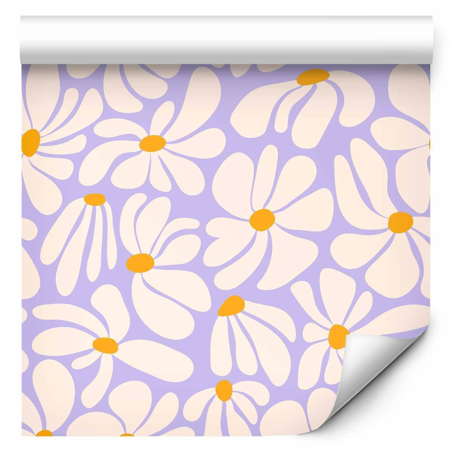 Tappezzeria murale - Cute Creamy Little Flowers - Small flowers with creamy - wind-blown petals on a blue background