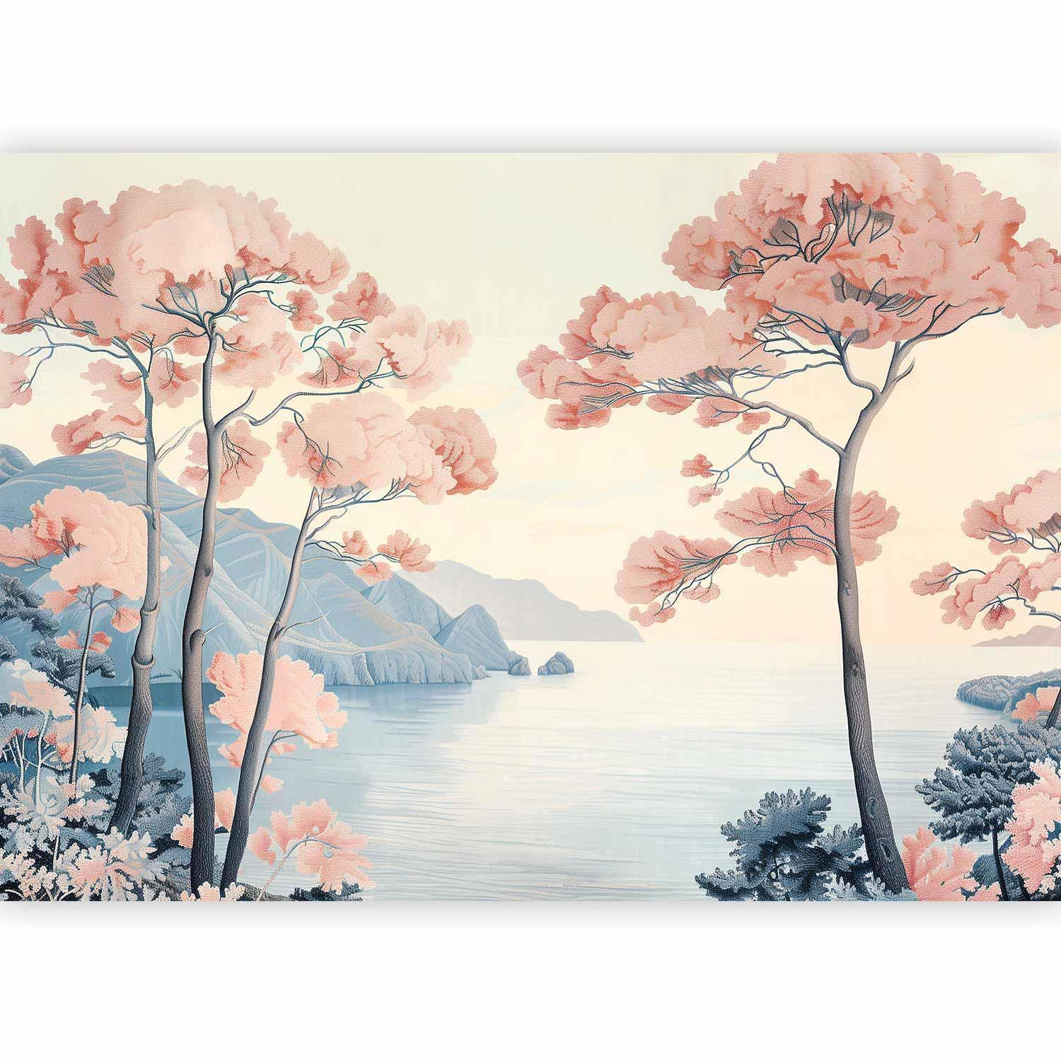 Ocean Cliffs and Trees Wall Mural in Delicate Pink Shades with 3D Effect and 600 dpi Print