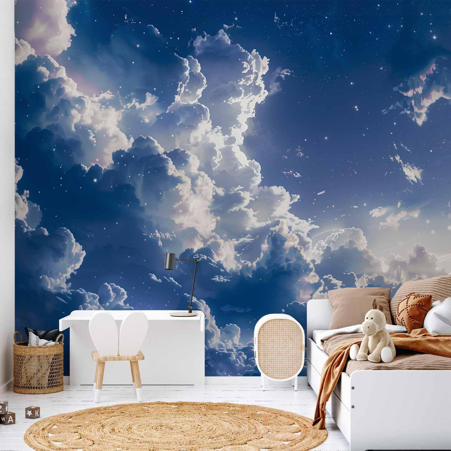Starry Clouds Wall Mural Wallpaper – Soft Night Sky Glow with Subtle 3D Depth