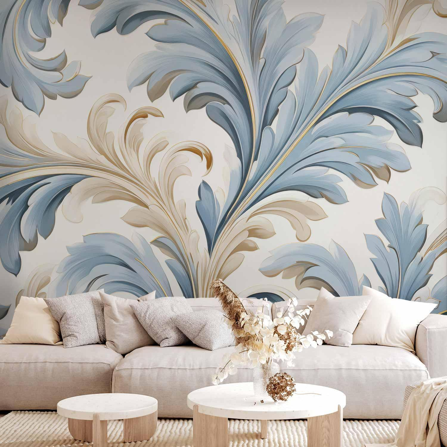 Baroque Pattern Wall Mural Wallpaper – Light Cream & Blue Ornament Design with 3D Effect Illusion