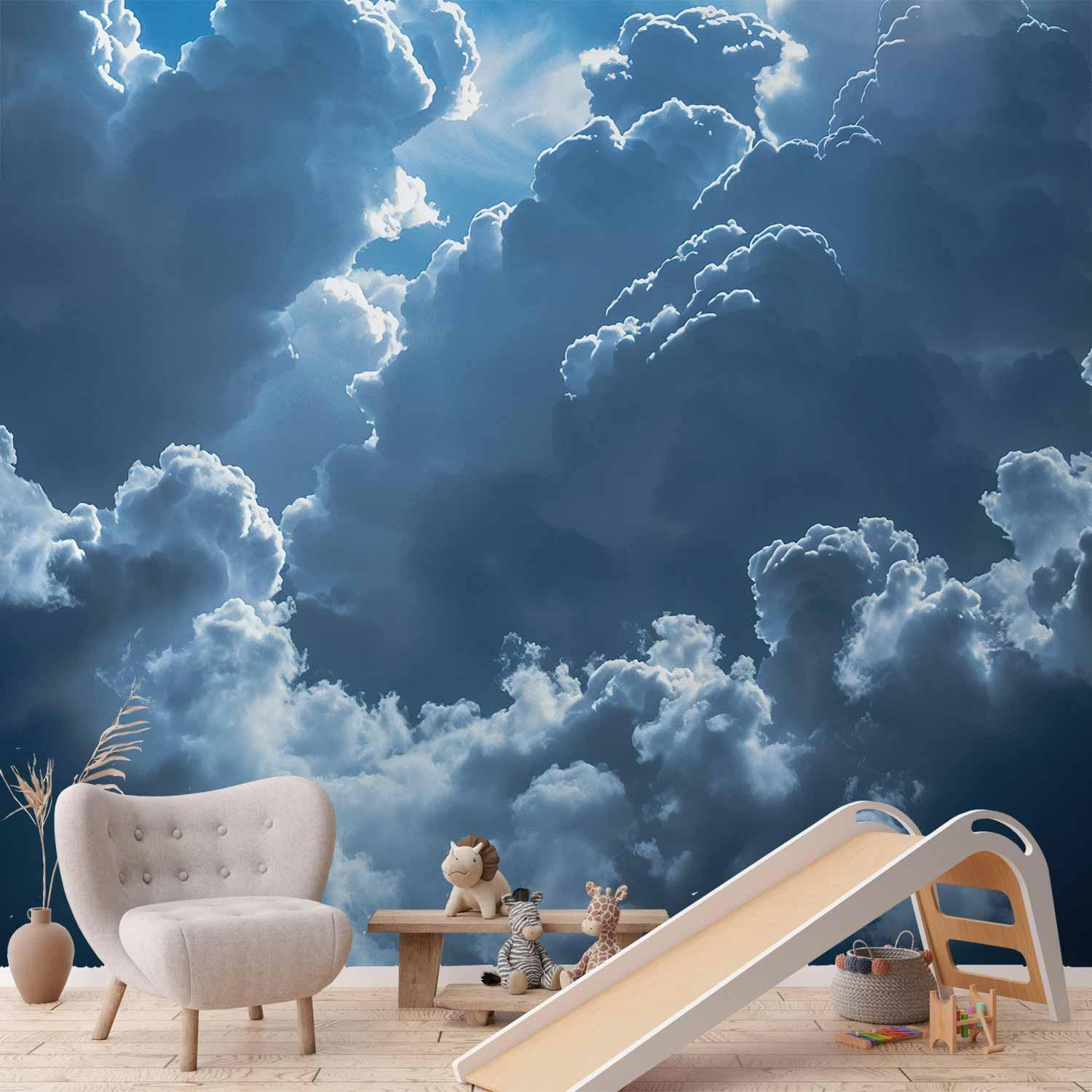 Sun & Cloud Sky Wall Mural Wallpaper – Dramatic Light Contrast with 3D Effect Illusion