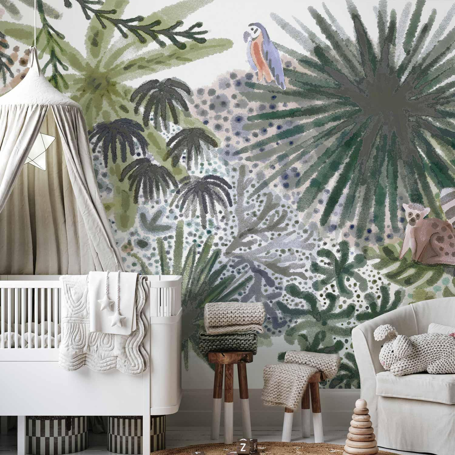 Tropical Madagascar Wall Mural Wallpaper – Watercolor Wildlife Landscape with 3D Effect Illusion