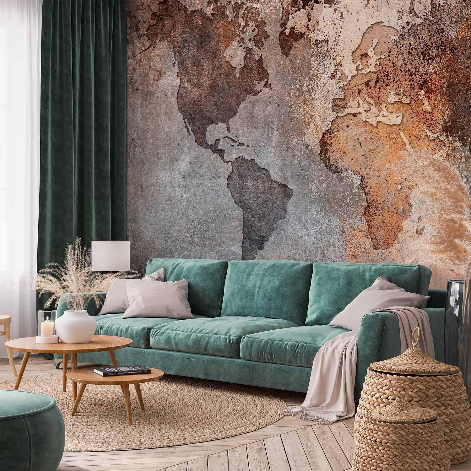 World Map Wall Mural Wallpaper – Minimal Map Design with 3D Depth Effect