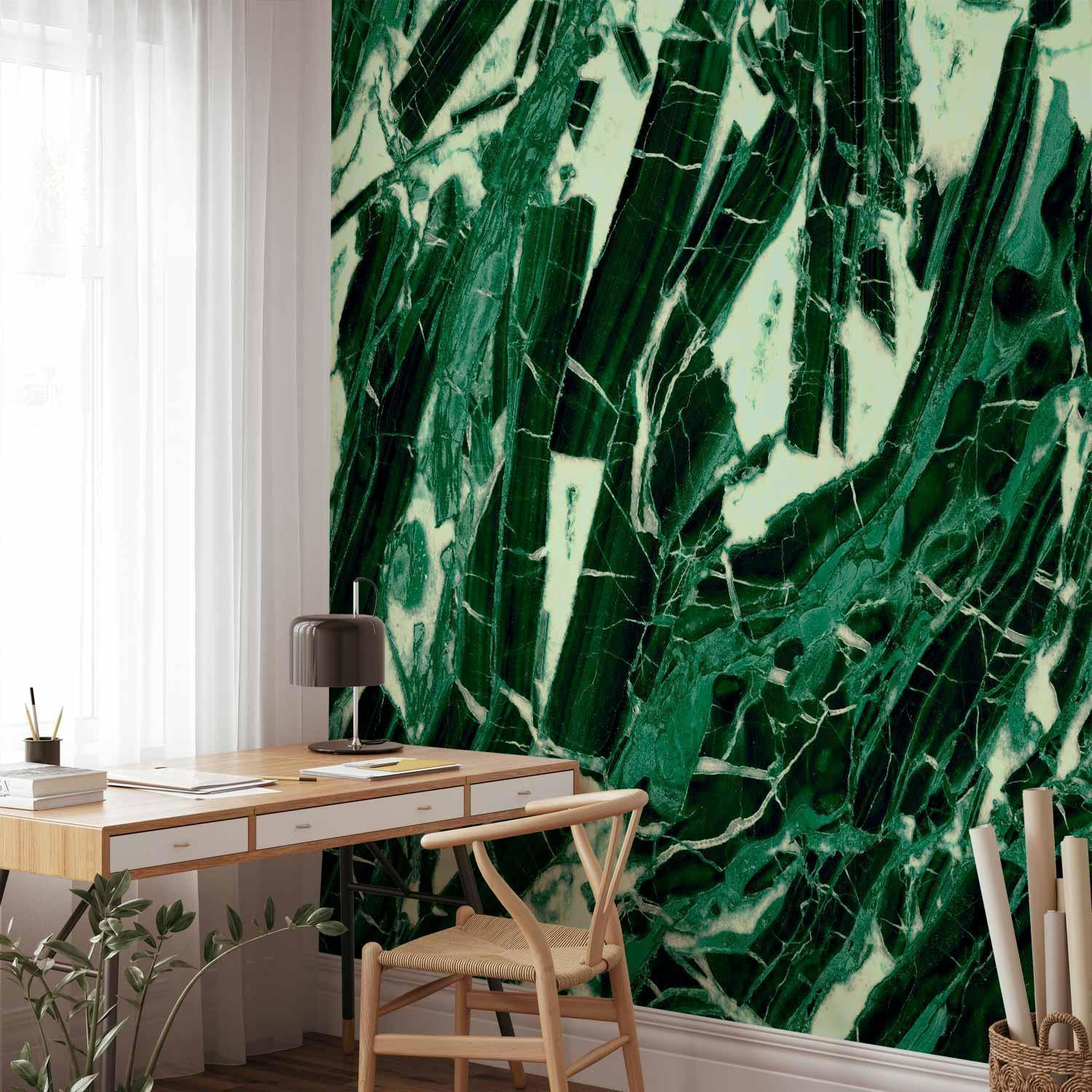 Emerald Marble Wall Mural Wallpaper – Stone Texture with Botanical Accents and 3D Dimensional Effect
