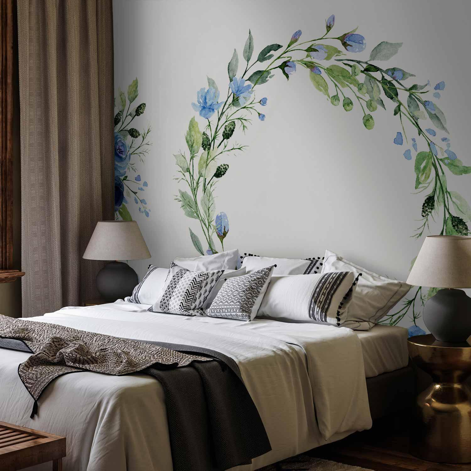Wreath Blue Floral Wall Mural Wallpaper – Botanical Plant Motif with 3D Visual Depth