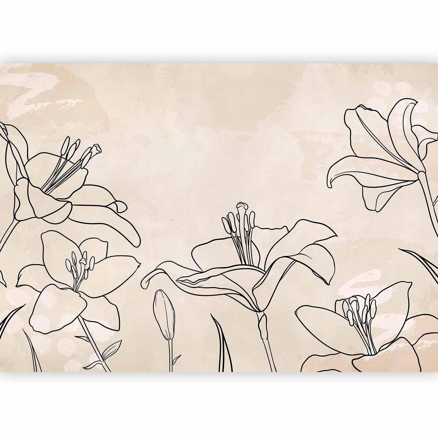 Sketch of Nature Wall Mural Wallpaper – Minimalist Lily Line Art with 3D Visual Depth
