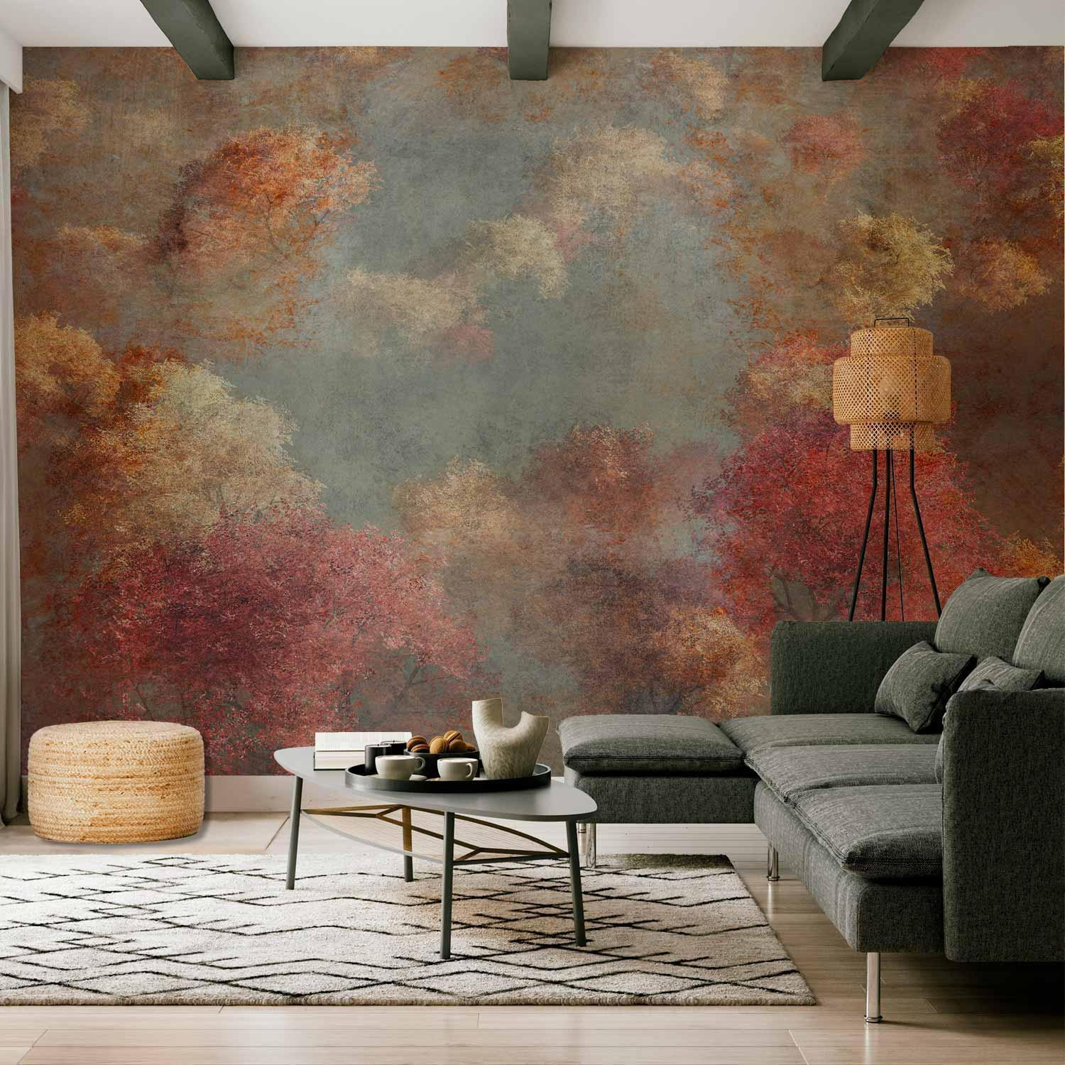 Autumn Forest Wall Mural Wallpaper – Painted Retro Landscape, 3D Effect, High-Resolution Print