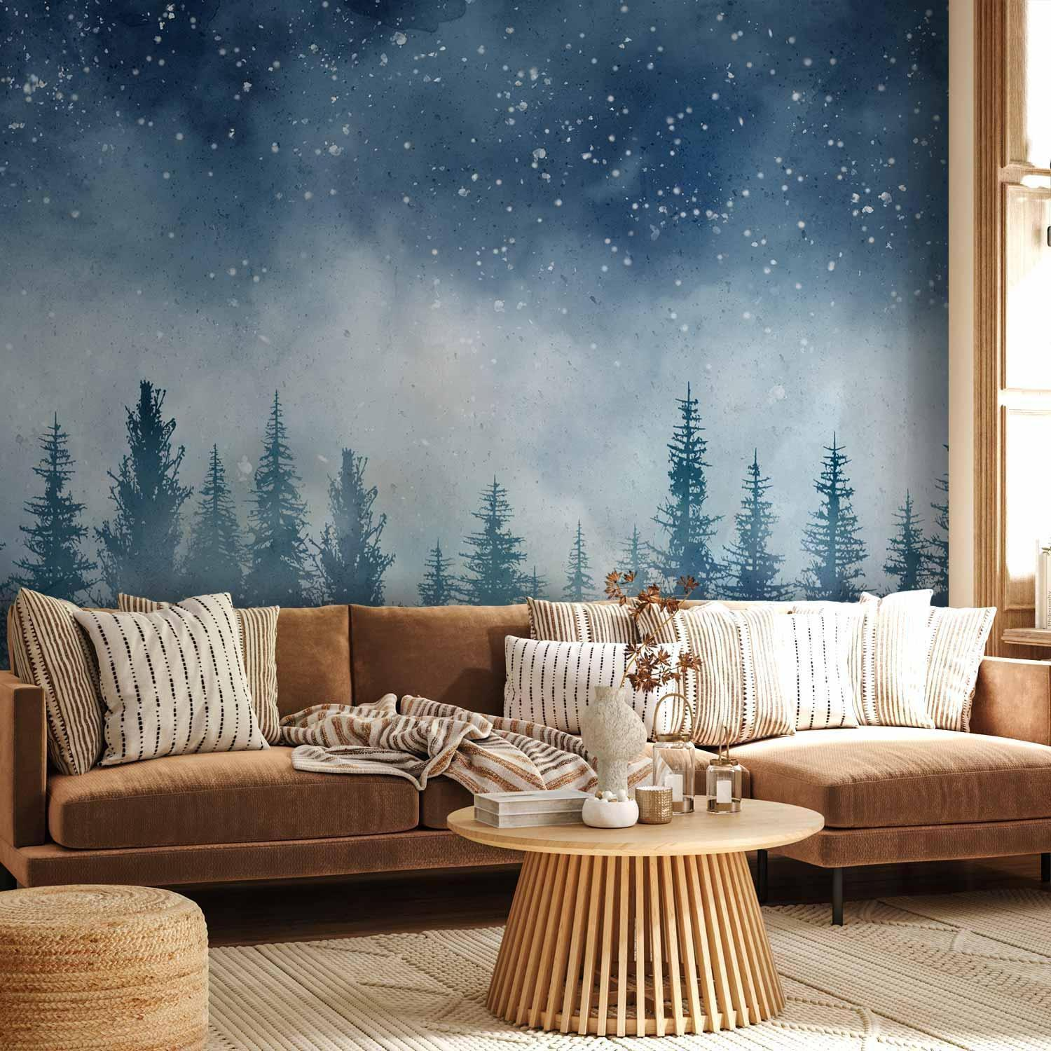 Night Landscape Wall Mural – Misty Forest and Starry Sky with 3D Effect and Fade-Resistant Finish