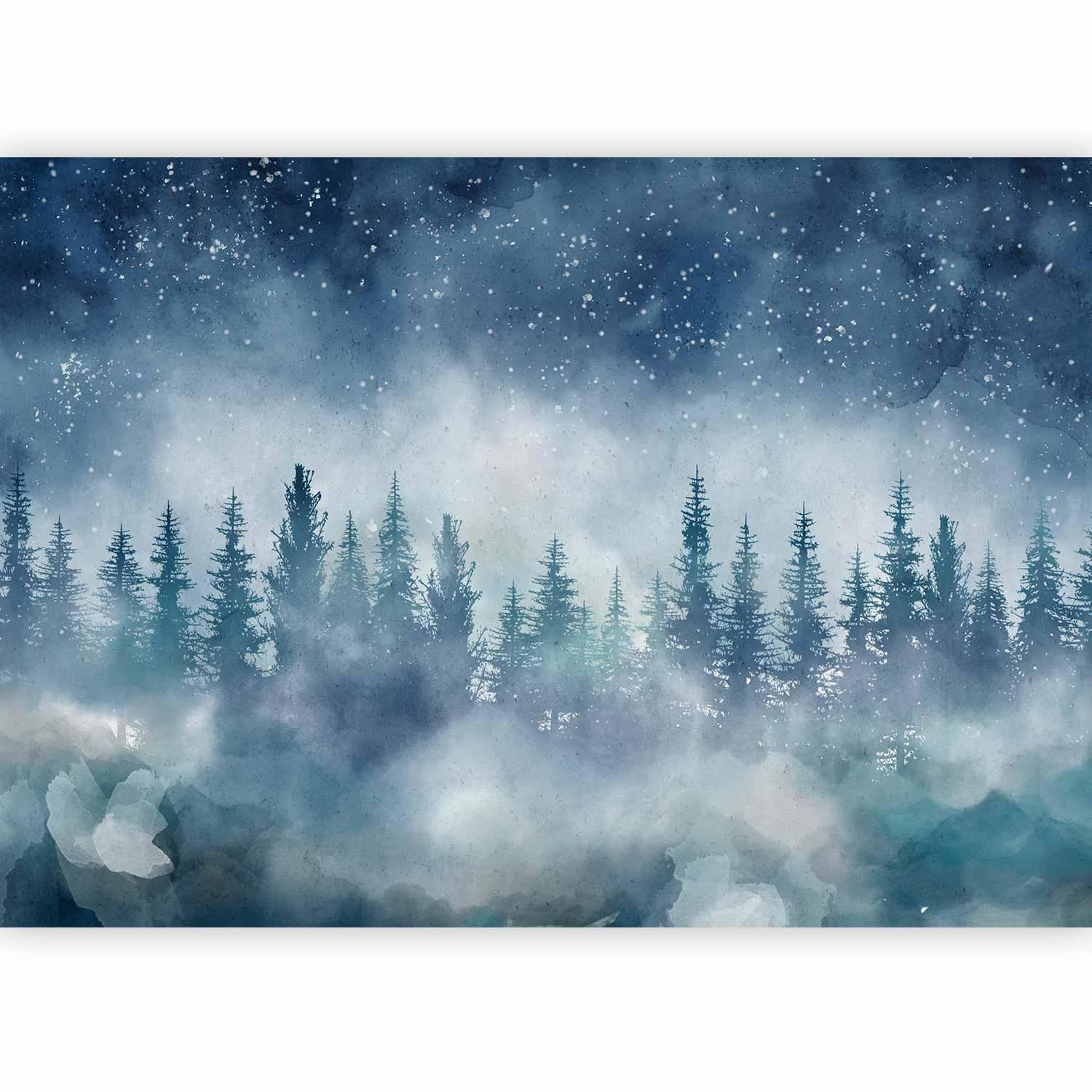 Night Landscape Wall Mural – Misty Forest and Starry Sky with 3D Effect and Fade-Resistant Finish