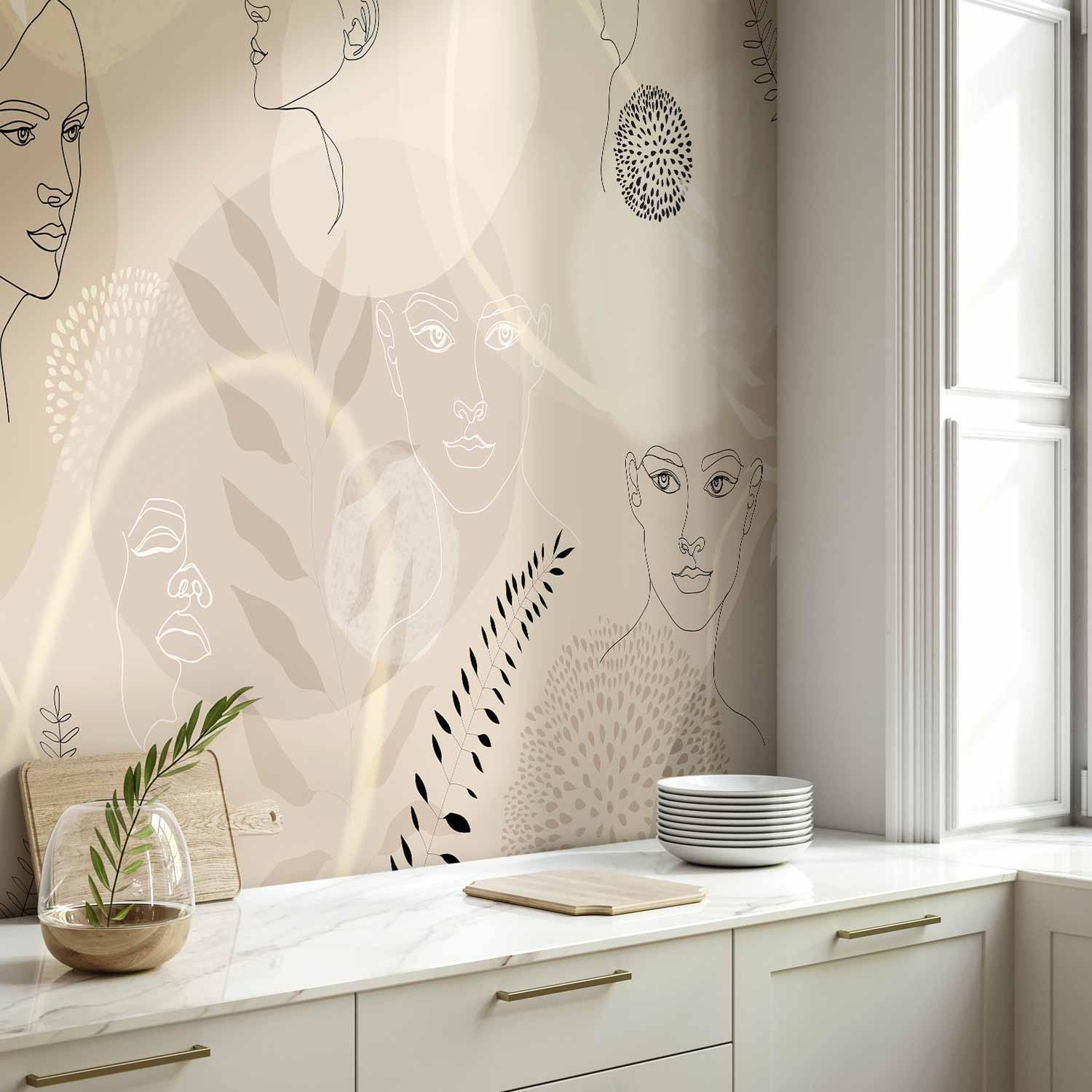 Beige Line Art Wall Mural Wallpaper – Minimalist Abstract Design with 3D Visual Depth