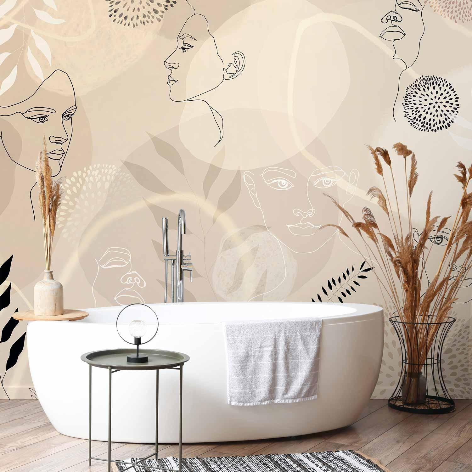 Beige Line Art Wall Mural Wallpaper – Minimalist Abstract Design with 3D Visual Depth