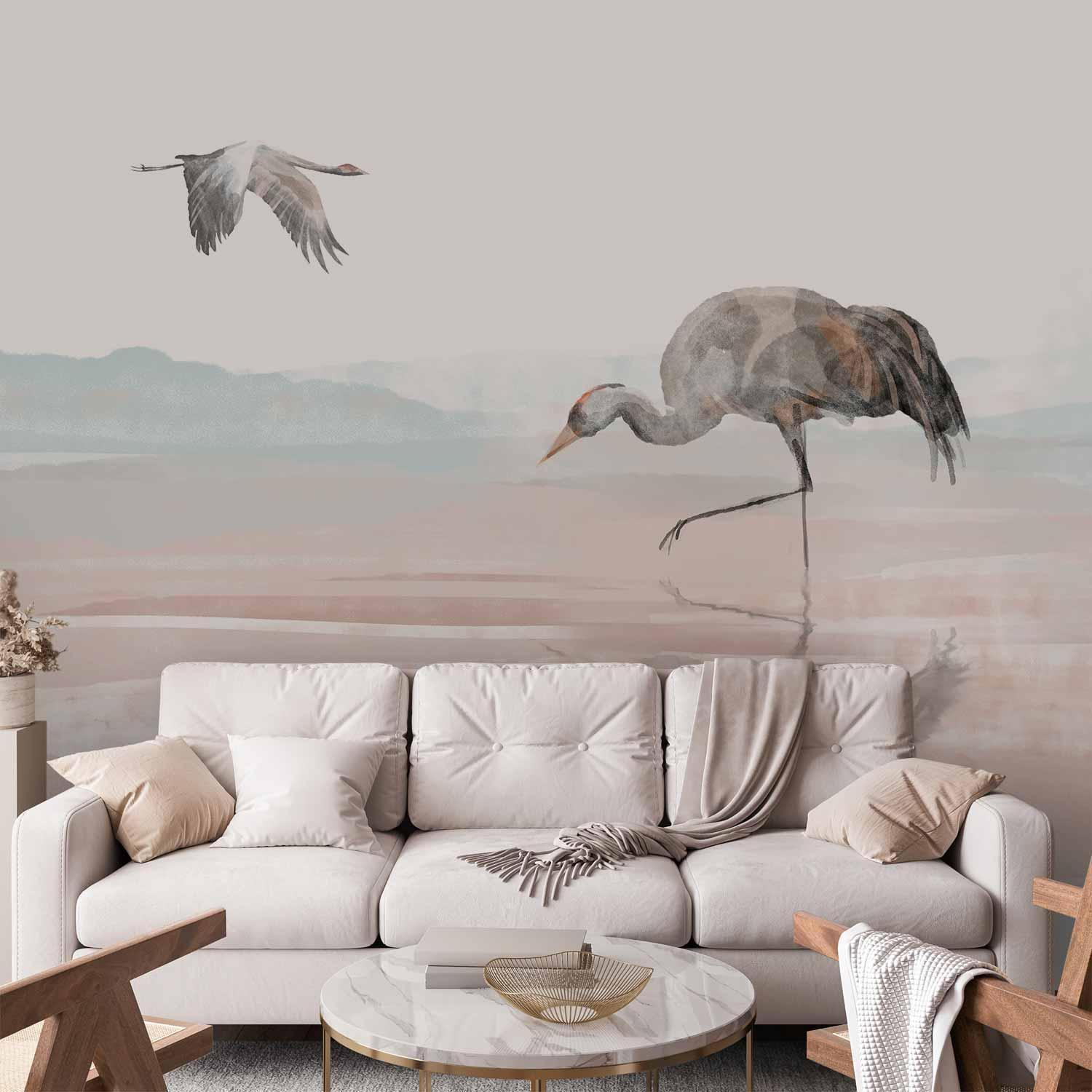 Cranes Over the Water Wall Mural with 3D Effect and 600 dpi Print
