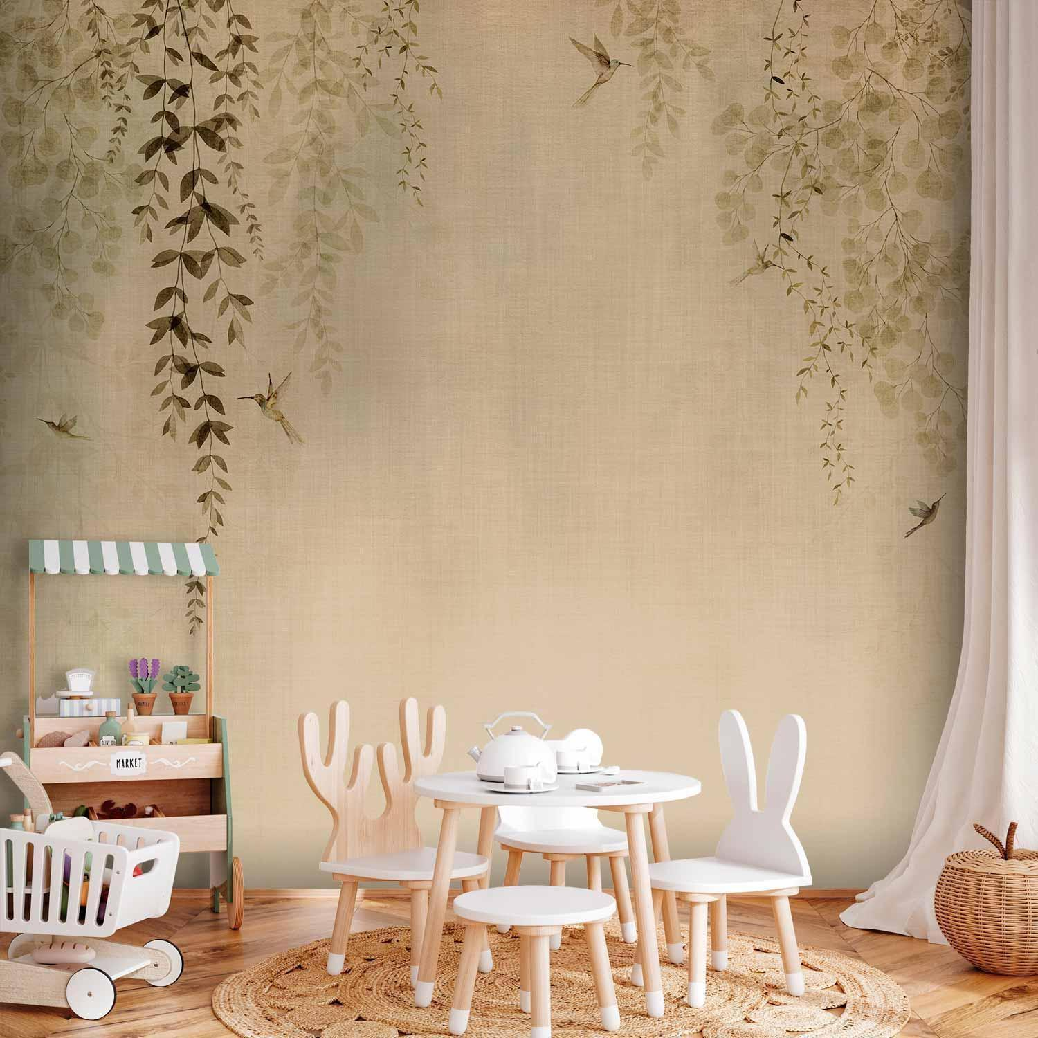 Beige Hummingbirds Wall Mural Wallpaper – Minimal Nature Design with 3D Effect Illusion