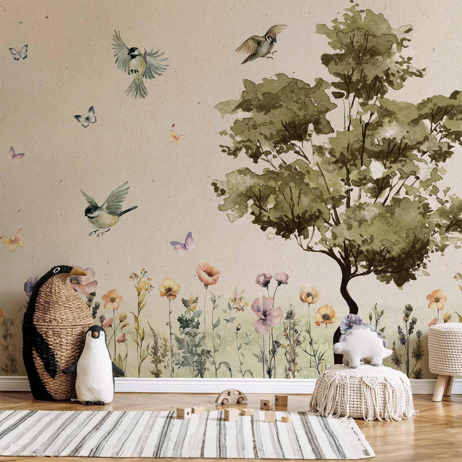 Watercolor Meadow Wall Mural Wallpaper – Soft Spring Florals with Artistic Detail