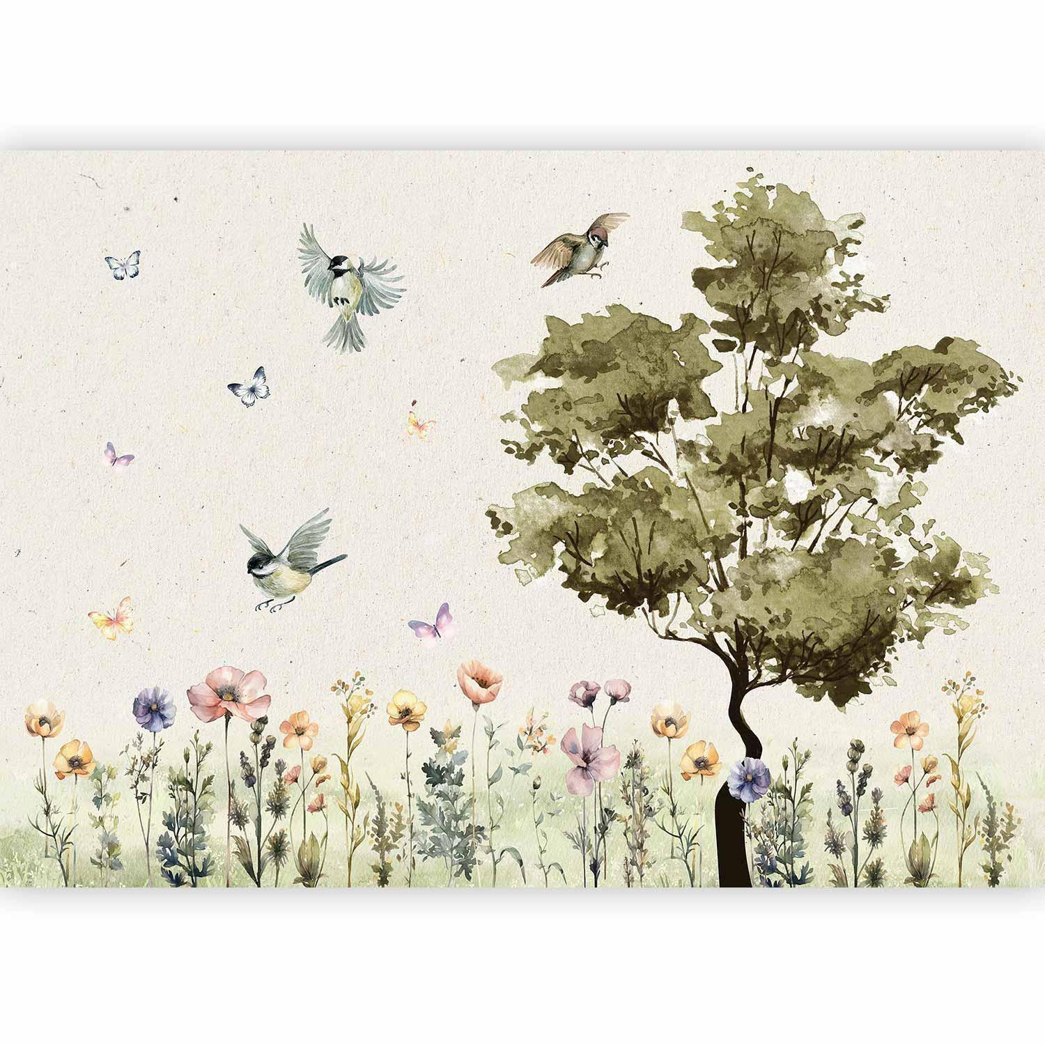 Watercolor Meadow Wall Mural Wallpaper – Soft Spring Florals with Artistic Detail